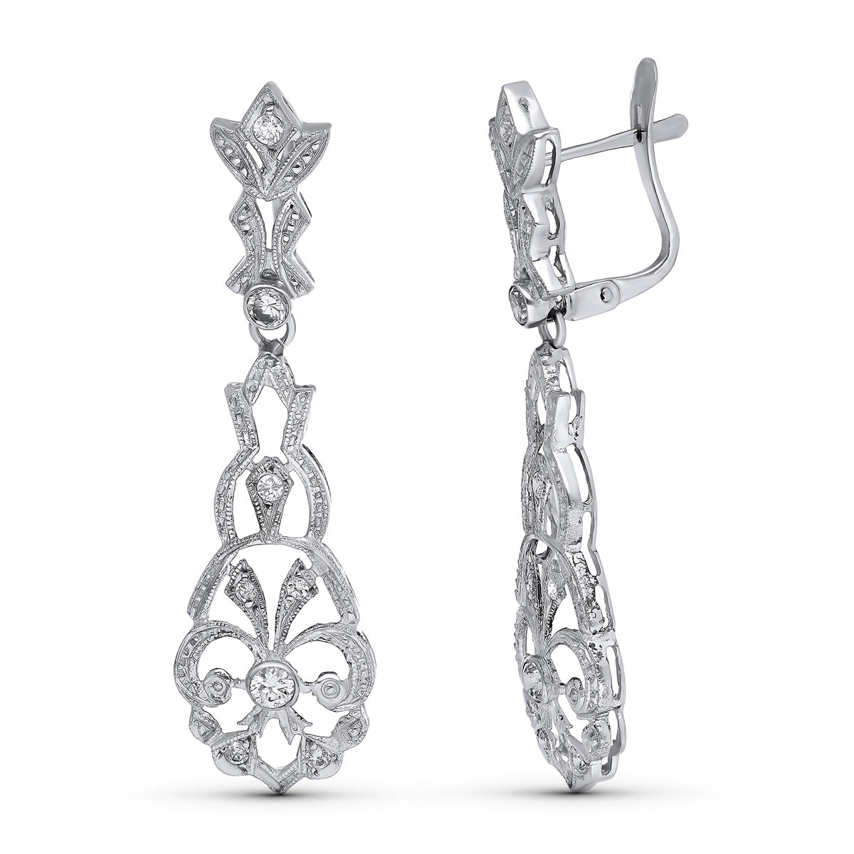 18K Boucles d'oreilles Pendantes Or Blanc Zircons Fermoir à Charnière