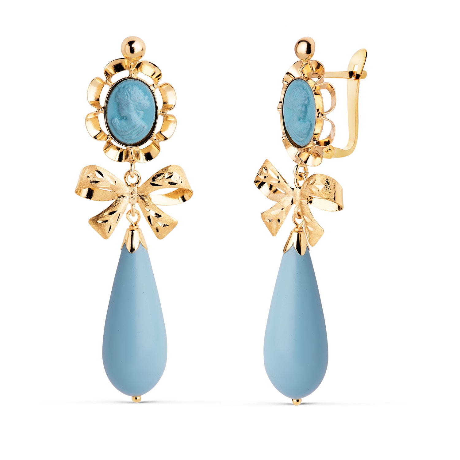 Pendientes Oro Amarillo 18K Camafeo Turquesa 42X13 mm Cierre Bisagra