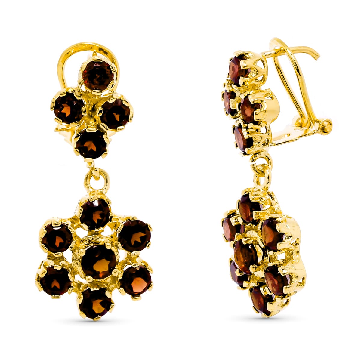 Cercei suspendați cu granat din aur galben de 18K 30 X 13 mm Închidere Omega