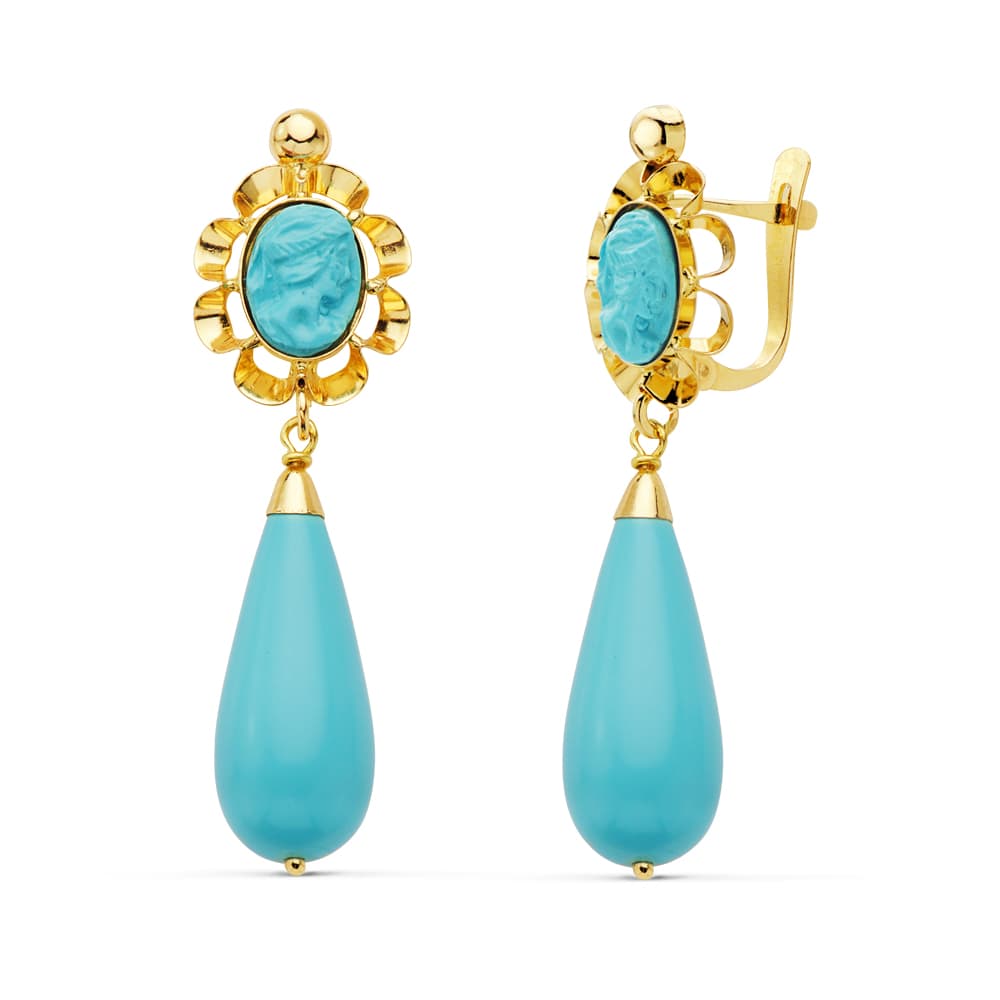 Boucles d'oreilles Or Jaune 18K Turquoise Synthétique 38X10 M Fermoir Catalan