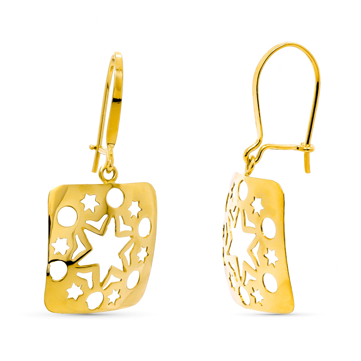 Brincos longos abertos em ouro amarelo 18K com fecho de gancho 31X16 mm