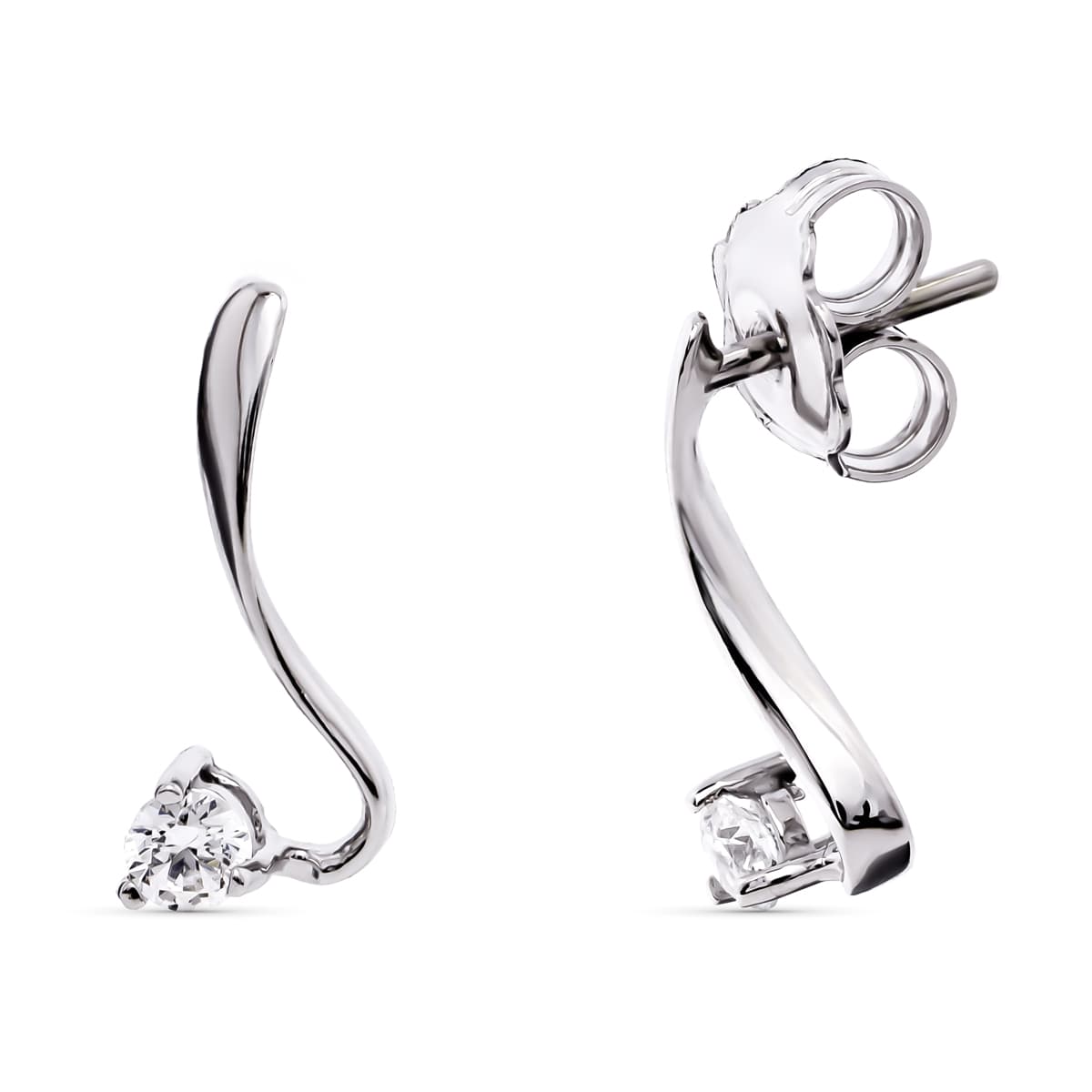 18K Boucles d'oreilles Or Blanc et Zircon 14X6 mm Fermoir Poussettes Papillon