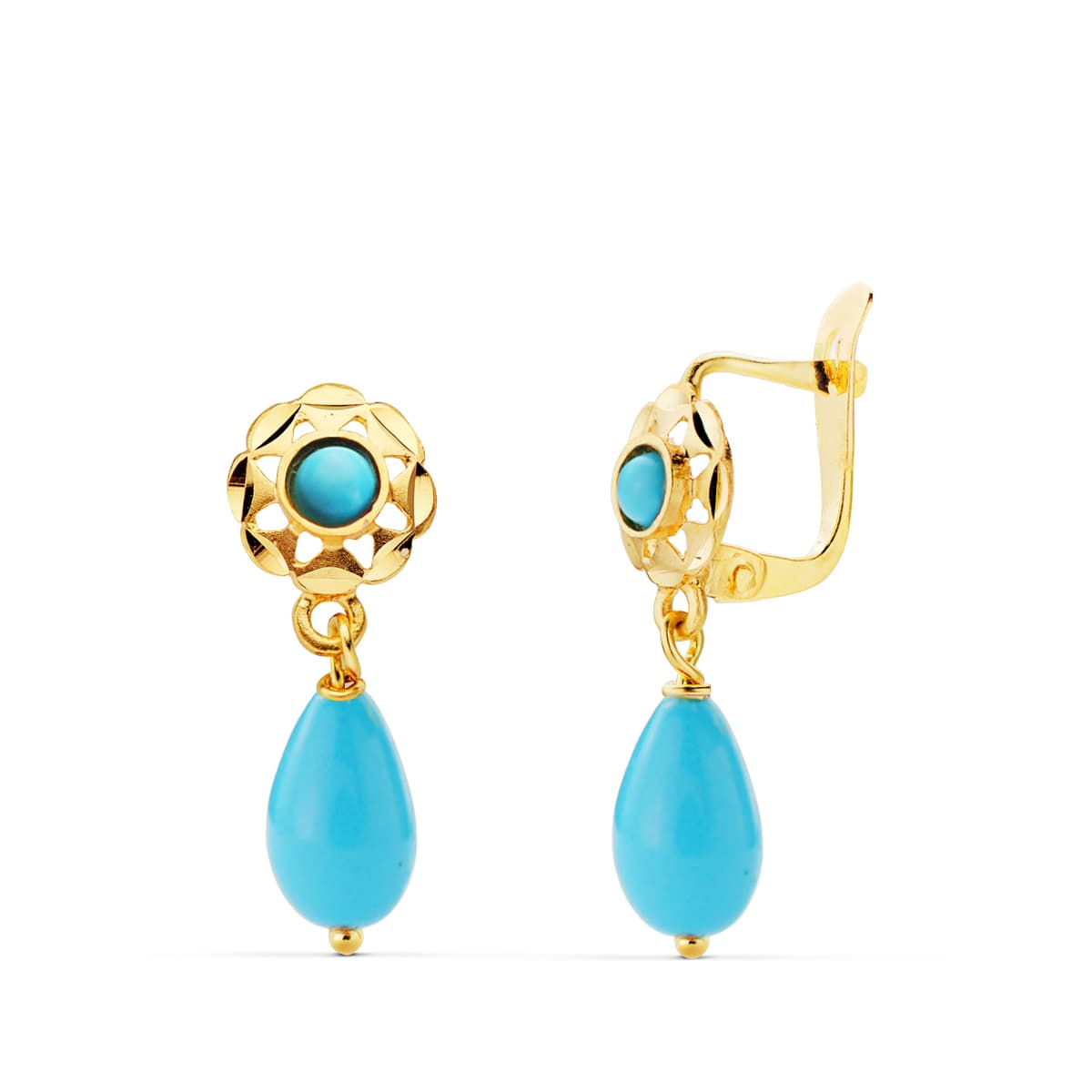 18K Boucles d'oreilles Or Jaune Turquoises 17 X 6 mm Femroir à Charnière