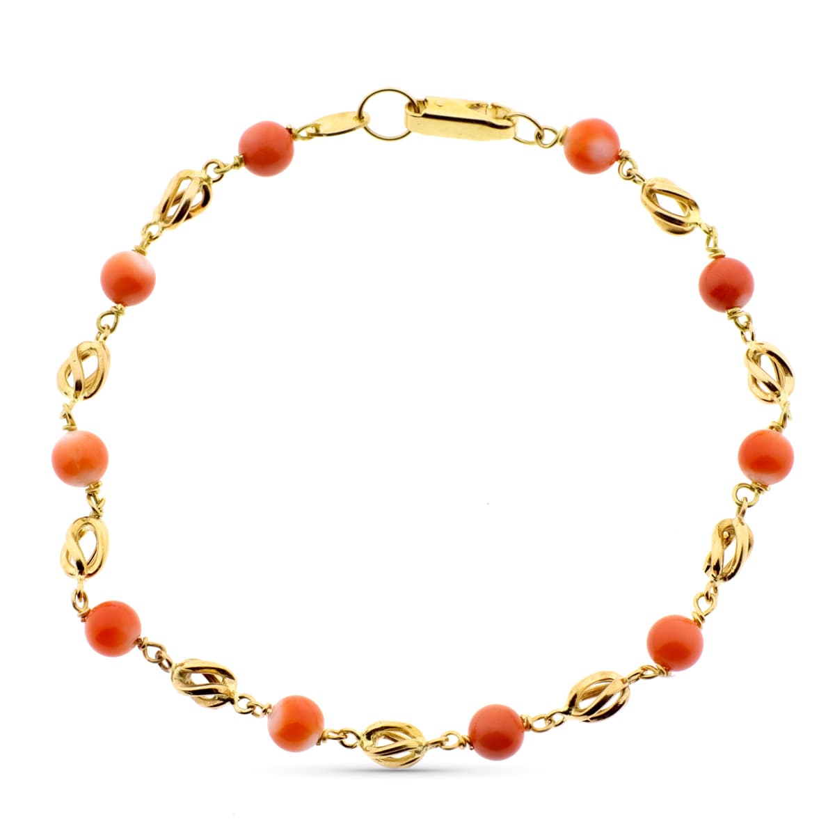Bracelet Or Jaune 18K avec Cages et Corail Fin Japonais 5 mm 20 Cm