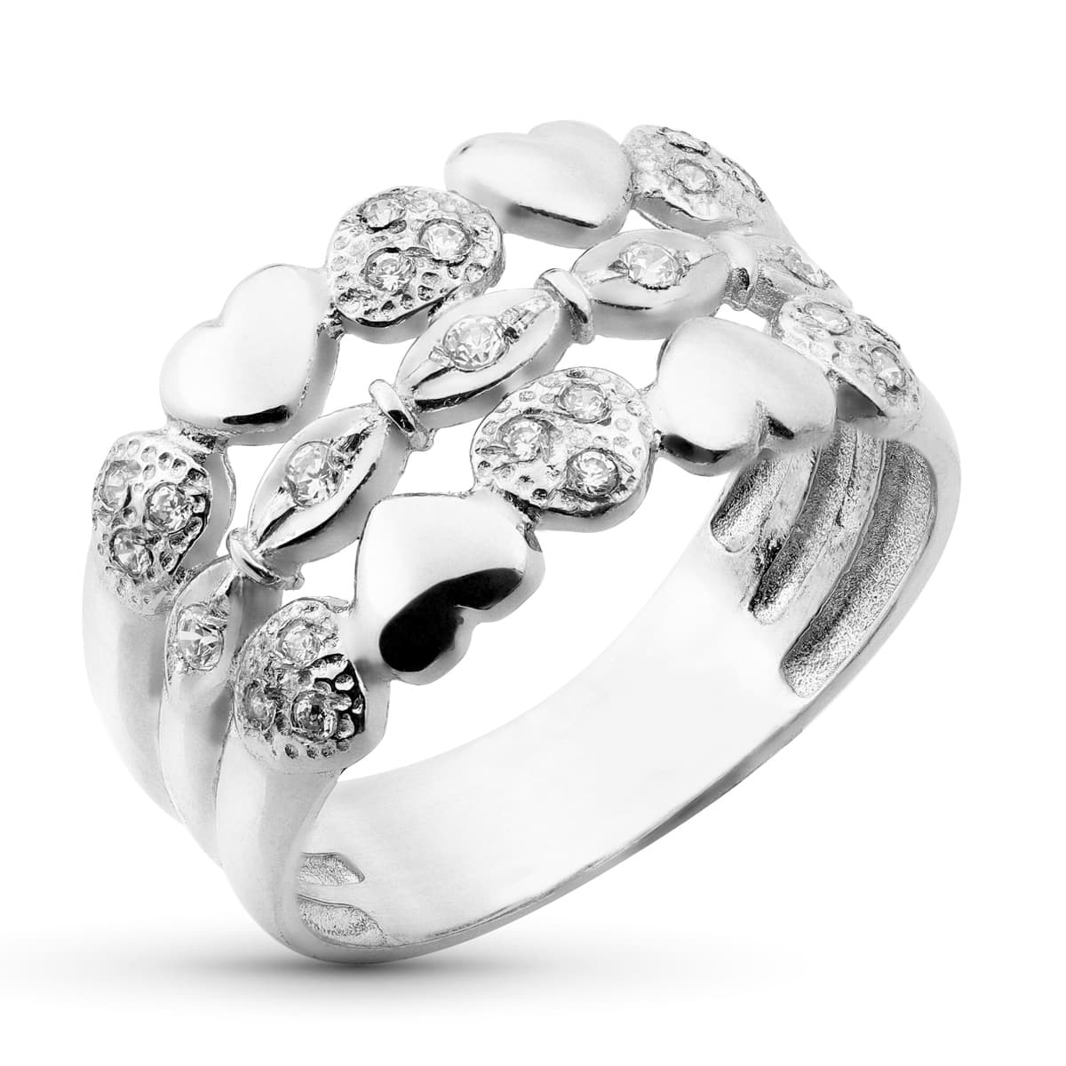Bague Or Blanc 18K 3 Cordes avec Coeurs Largeur : 11,5 mm