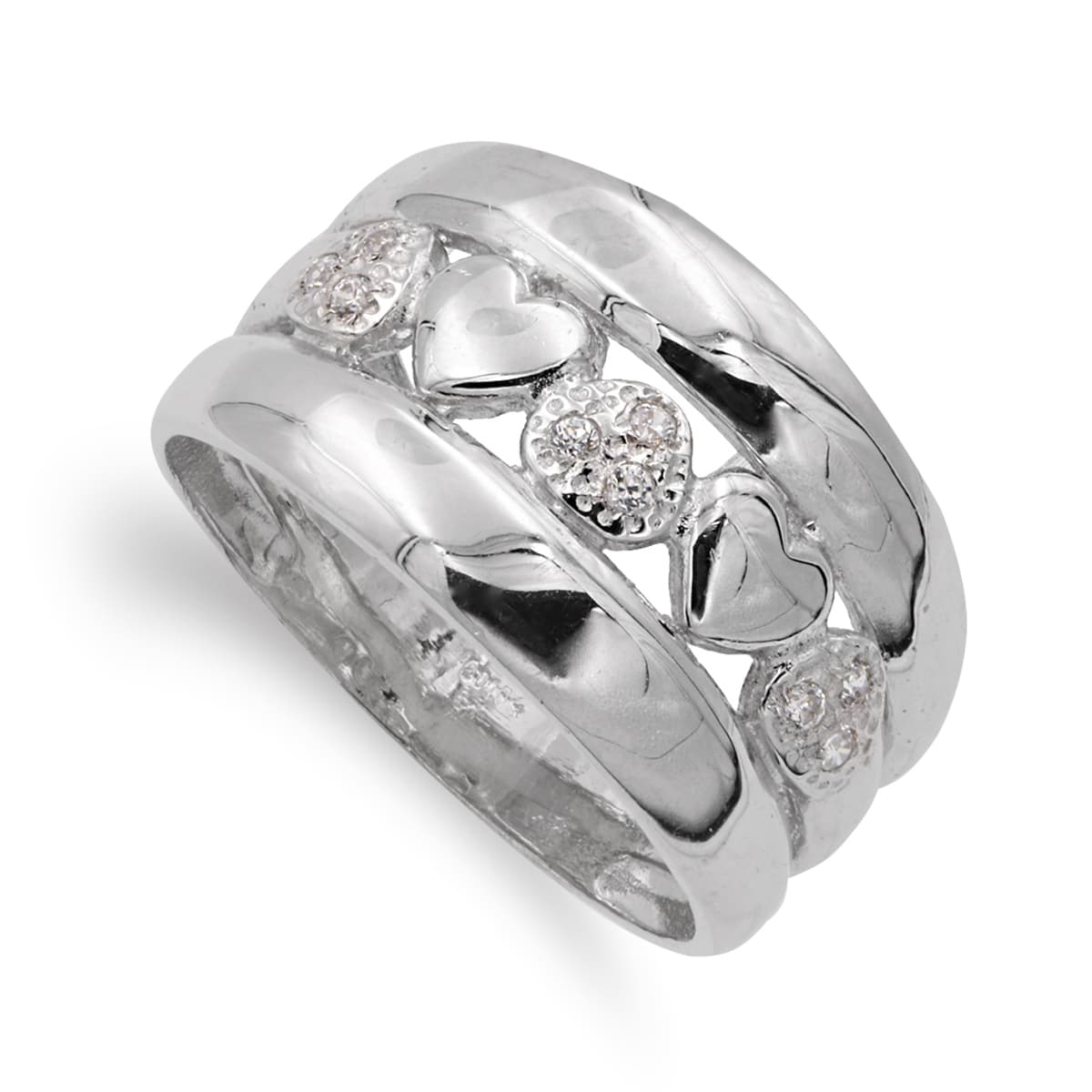 Anel em ouro branco 18K com corações e zircônia 12 mm