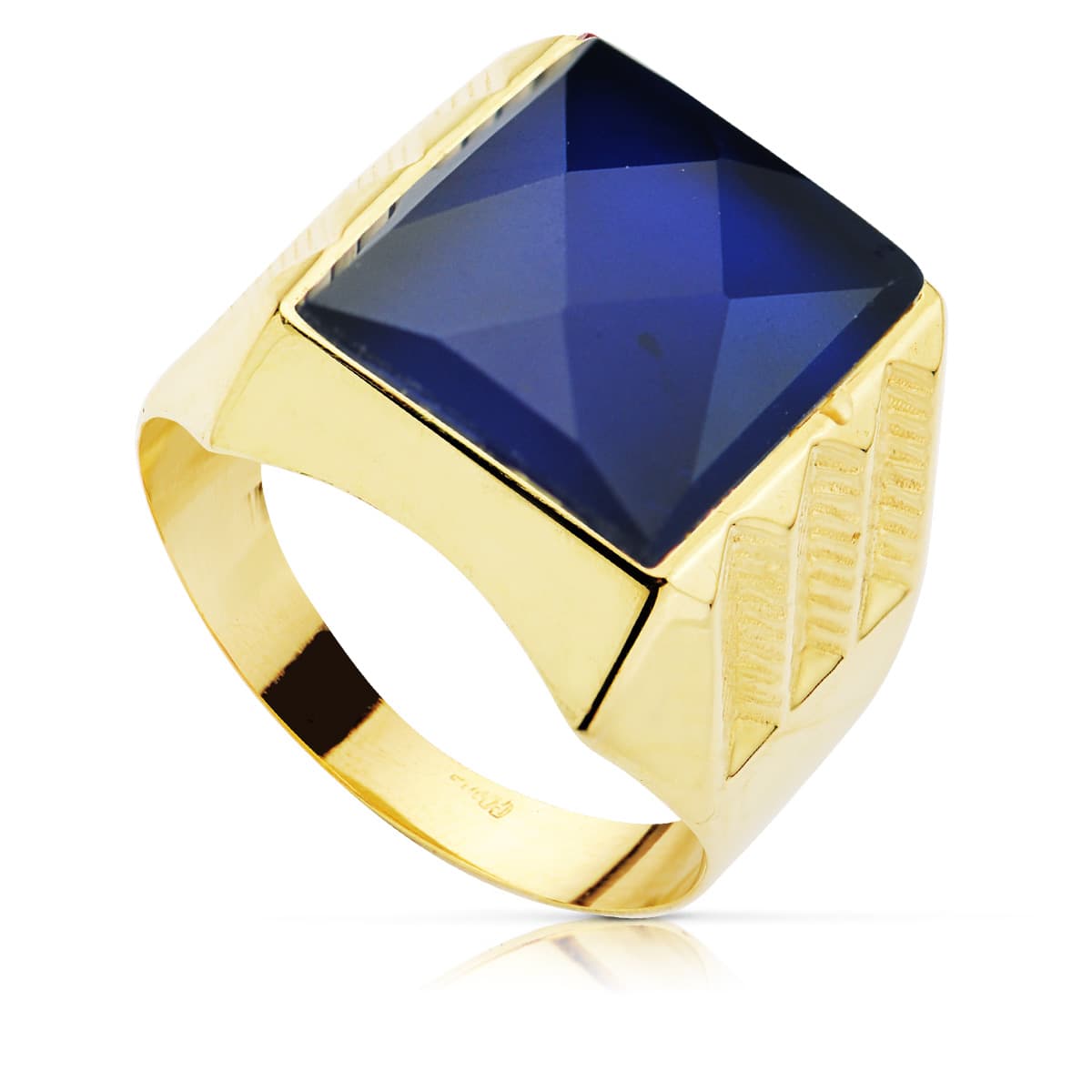 18K Chevalière en Or Jaune pour Homme. Creuse et Pierre Saphir Spinelle 14X12 mm
