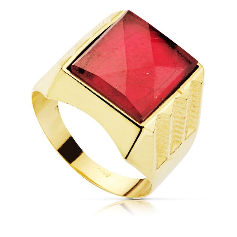 18K Chevalière Or Jaune Creuse pour Homme Rubis Spinelle 14 X 12MM
