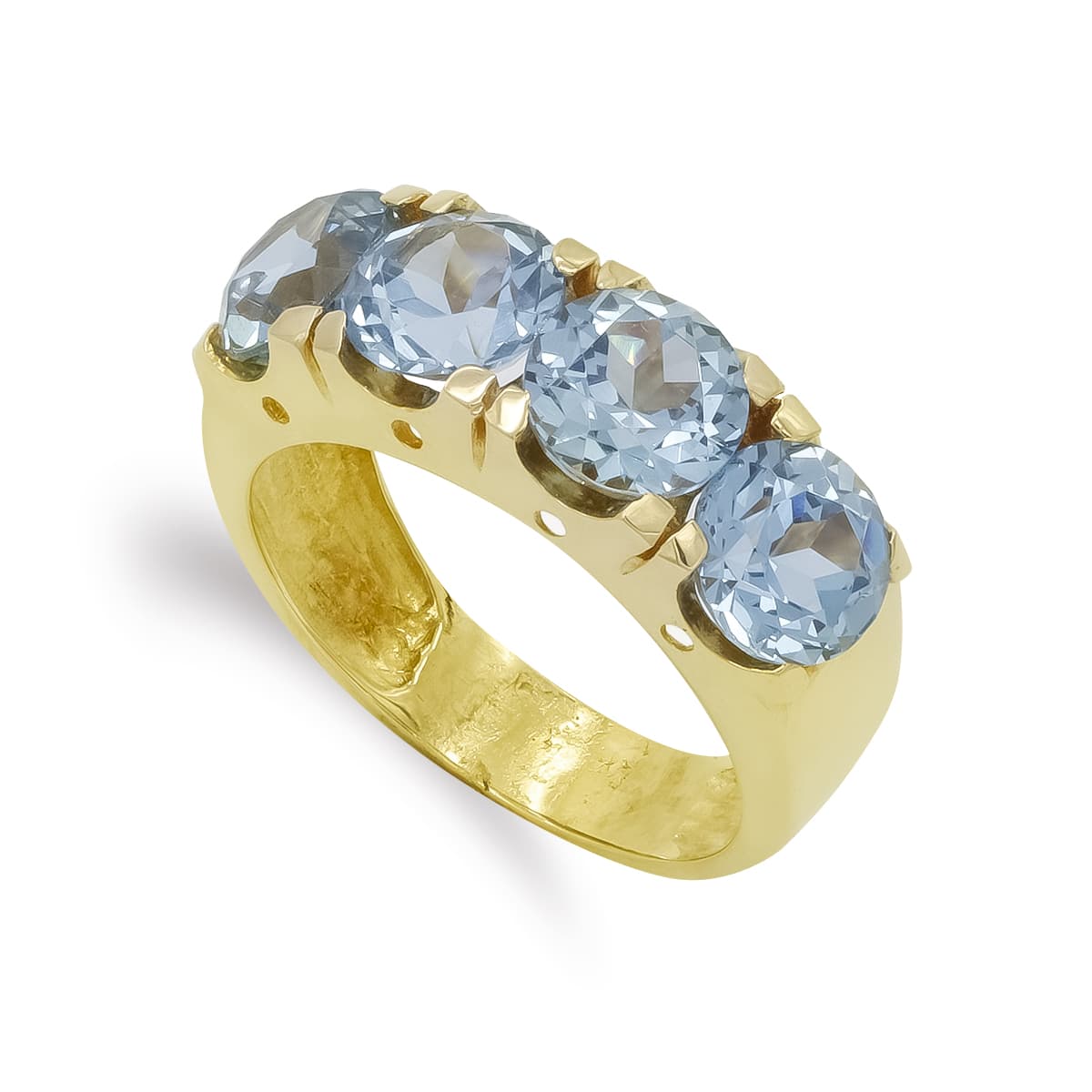 18K Bague Or Jaune 4 Pierres 7 mm Aigue-marine