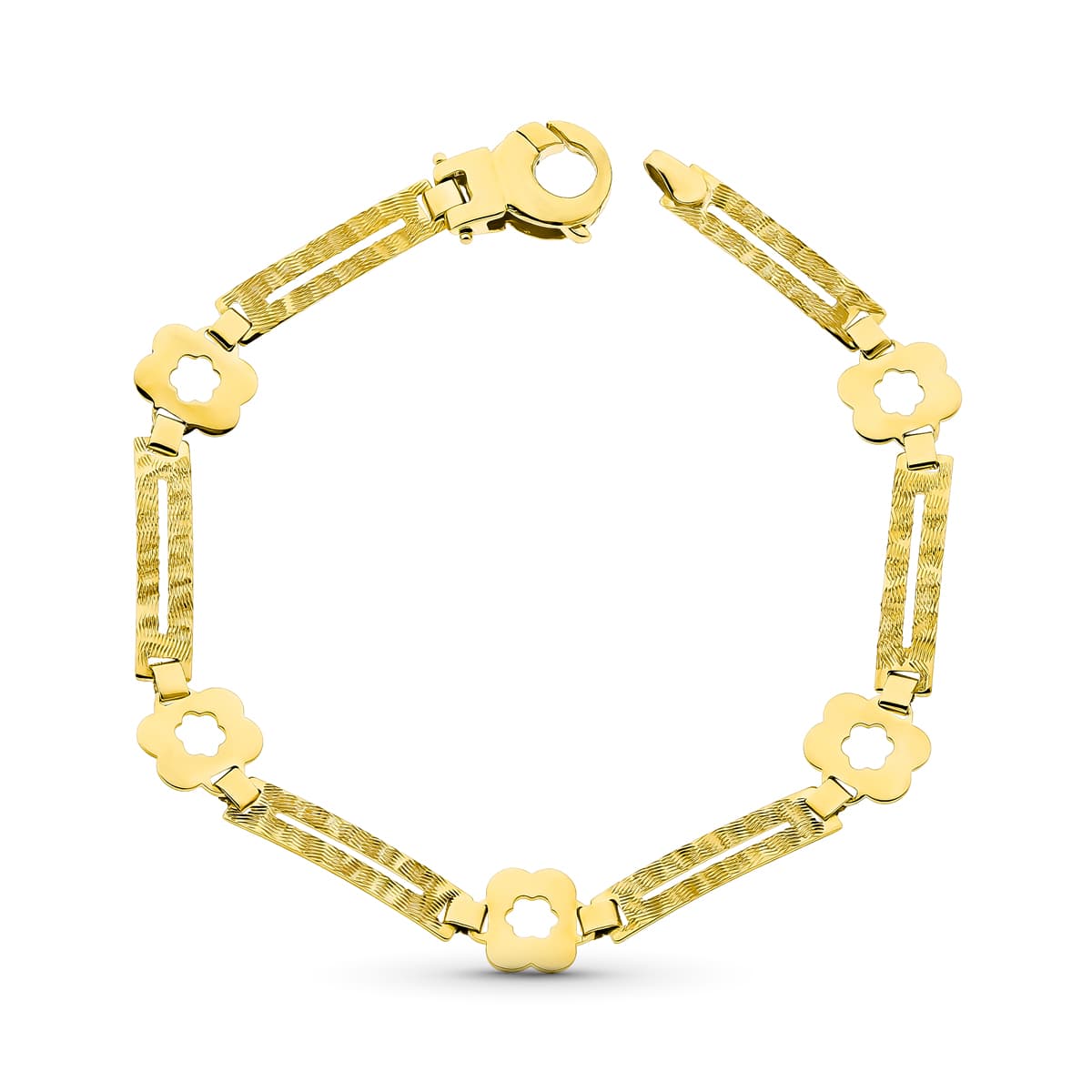 18K Bracelet en Or Jaune Fleurs et Rectangles Mate et Brillant