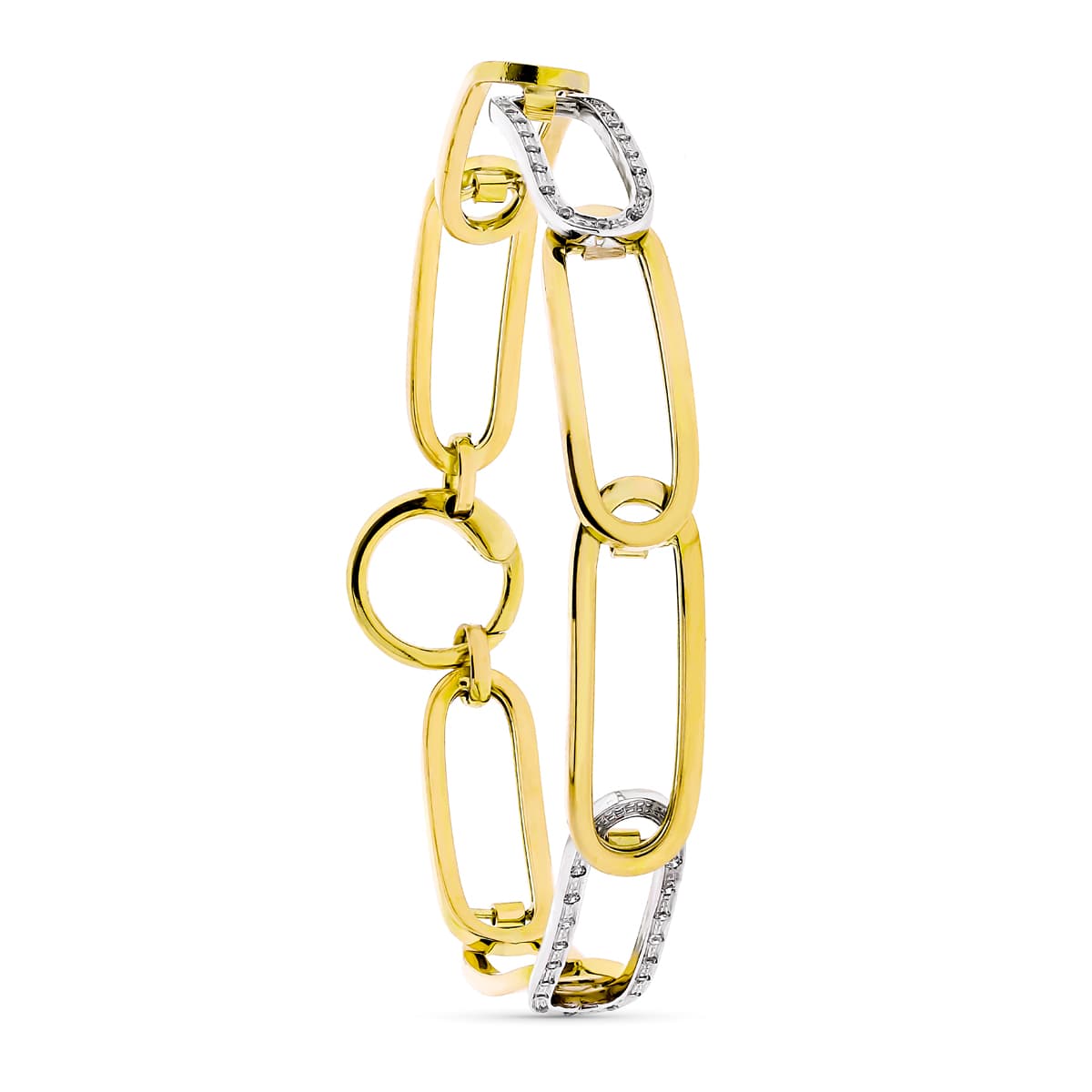 18K tweekleurige gouden armband opengewerkte schakels Breedte 9 mm Lengte 20 Cm