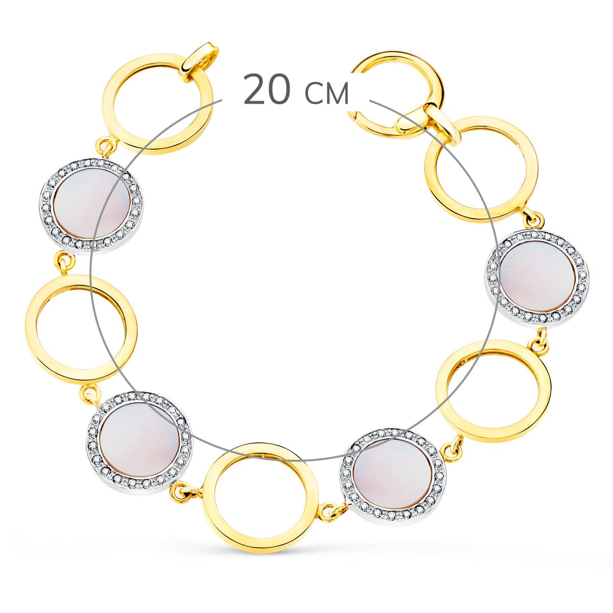 18K kéttónusú arany karkötő áttört körök 16 mm rózsaszín gyöngyház 20 cm