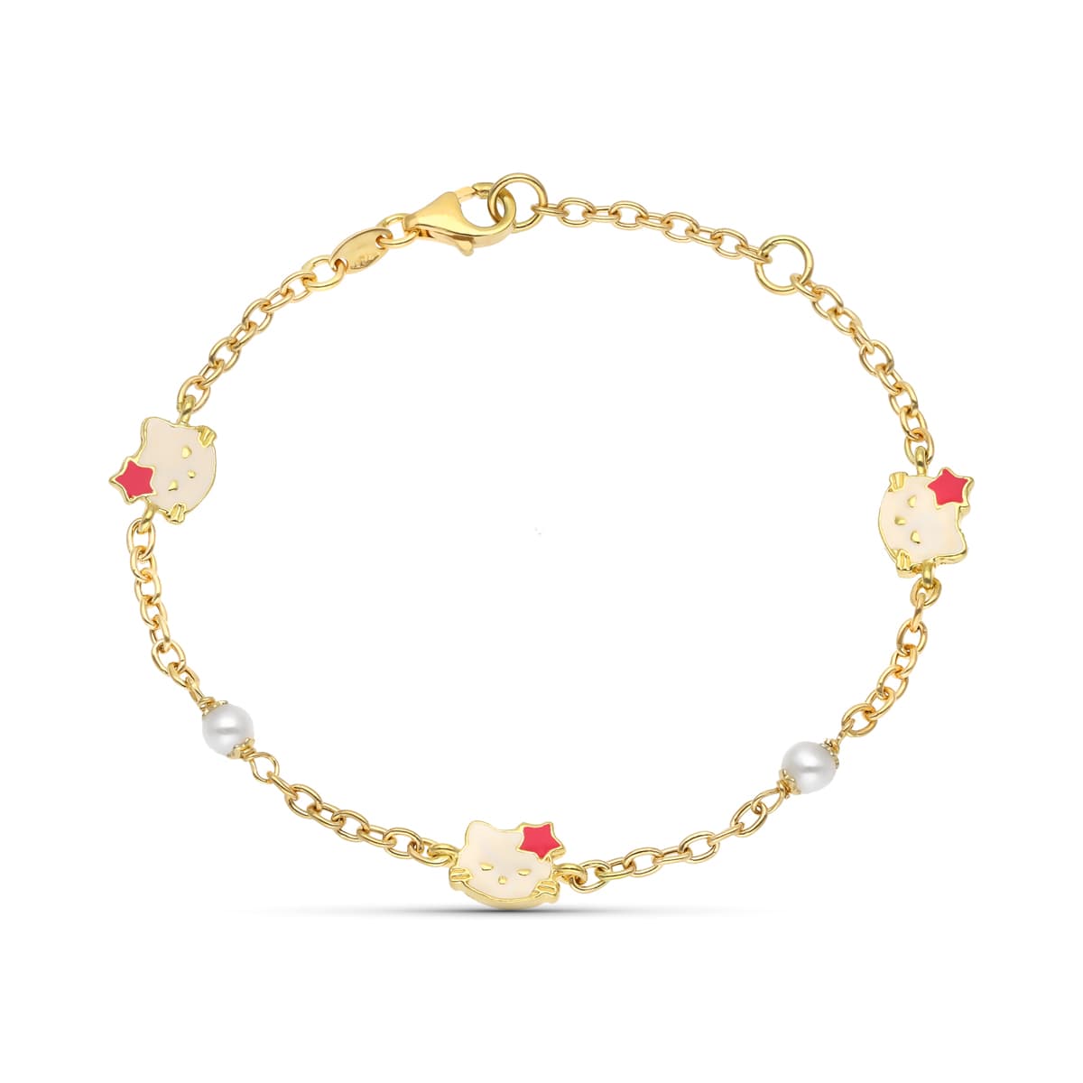 Pulseira e-mail de pérola e gato em ouro amarelo 18K 18 cm