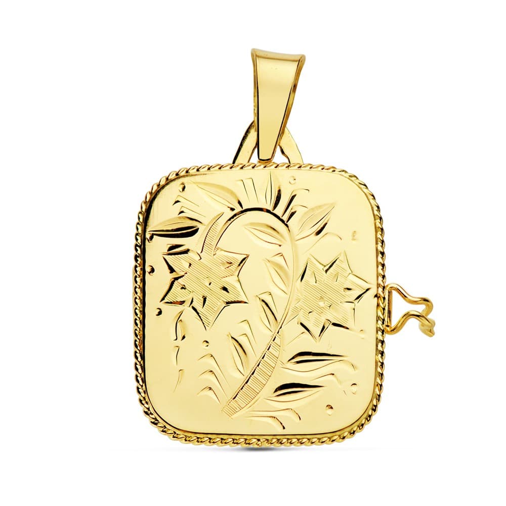 18K Yellow Gold Carved Square Photo Holder Charm 21X18 mm