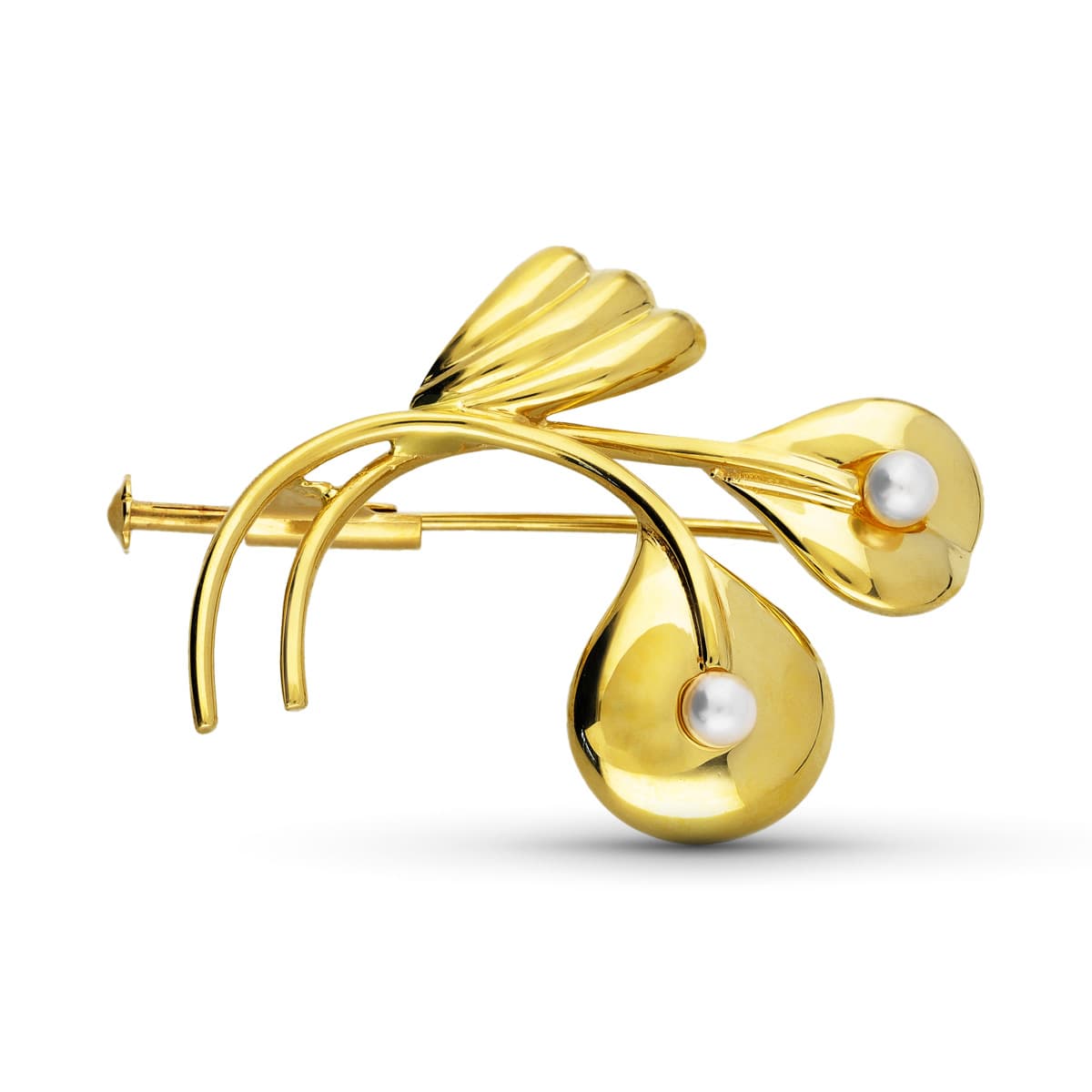 18K Yellow Gold Brooch and 2 Pearls. 35X27mm