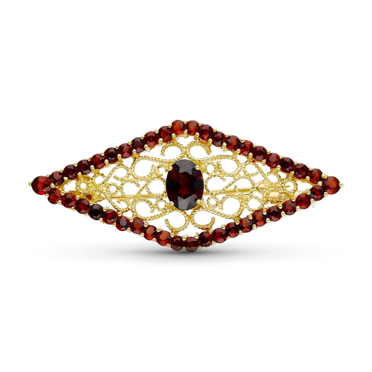18K Yellow Gold Garnet Diamond Brooch 50X21 mm