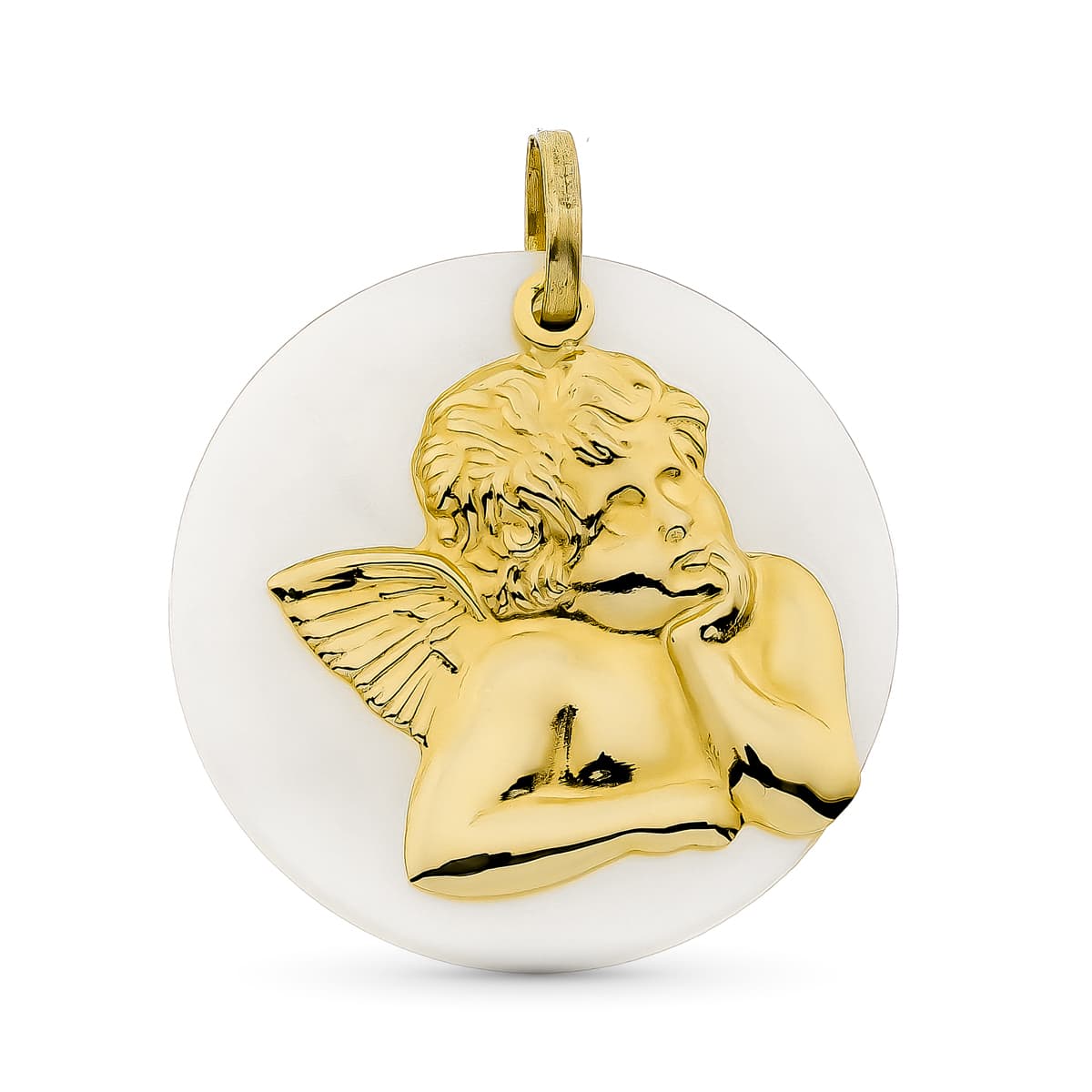 18K Pendentif Or Jaune Ange Nacre 27 mm
