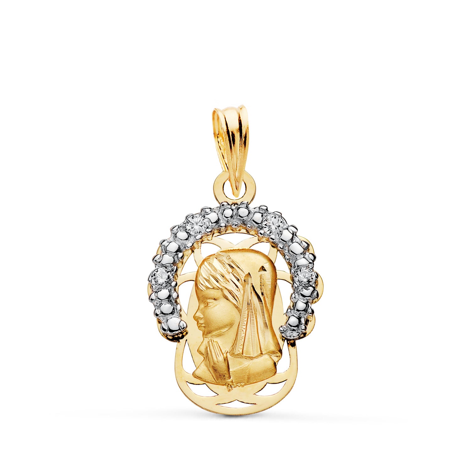 Pendente Coroa da Virgem em ouro bicolor 18K com pedras de zircônia Tamanho: 20 x 14 mm