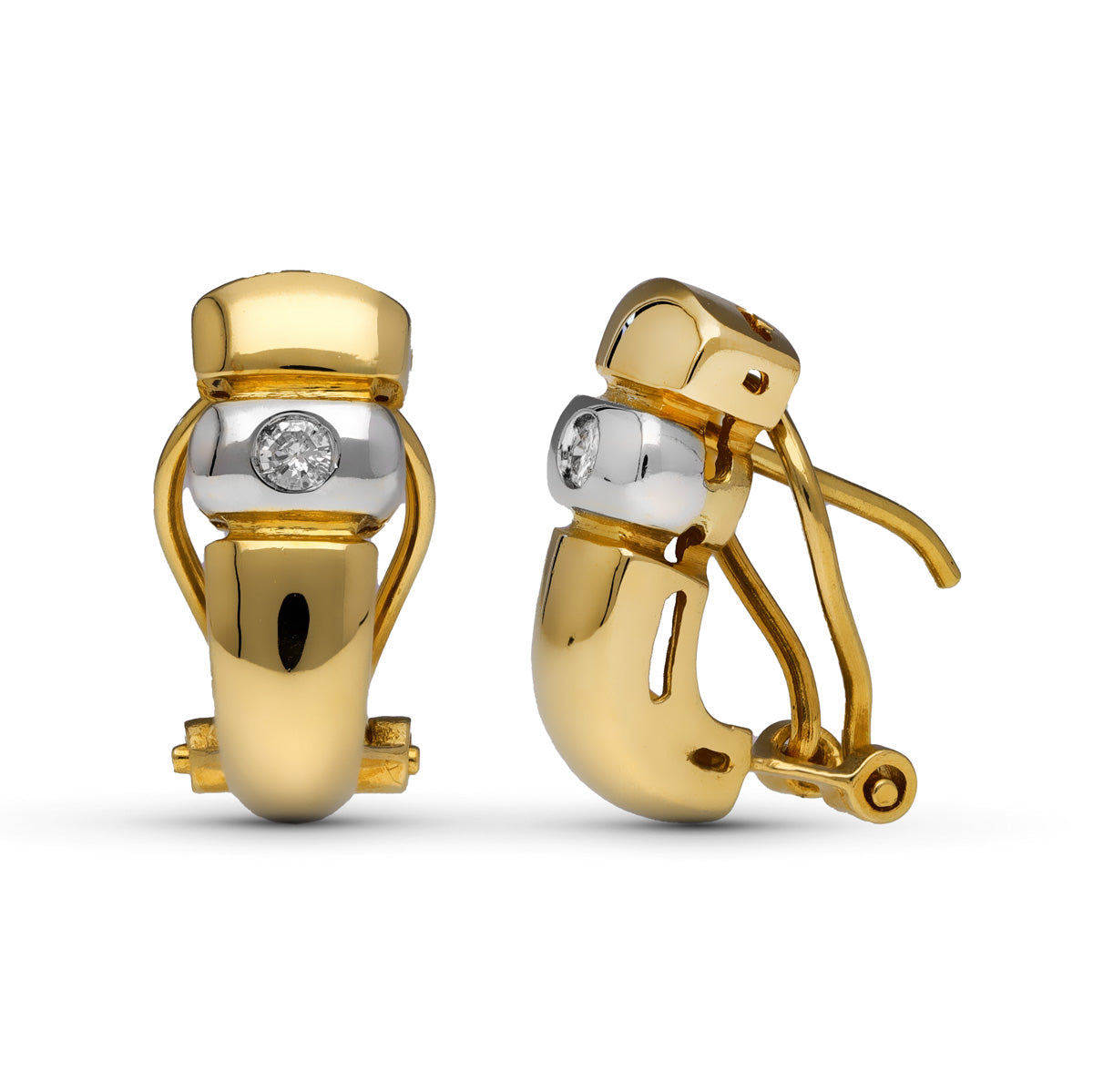 Brincos em ouro amarelo 18K com diamantes naturais lapidação brilhante 0,10 Ct 14X6 mm Fecho Omega