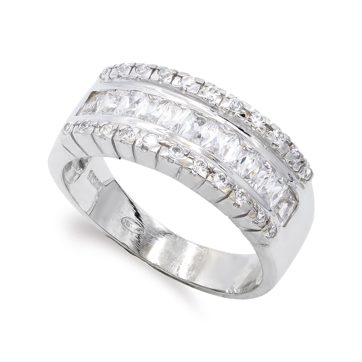 Bague en Or Blanc 18K avec Baguette et Zircon Rondes Largeur : 8 mm