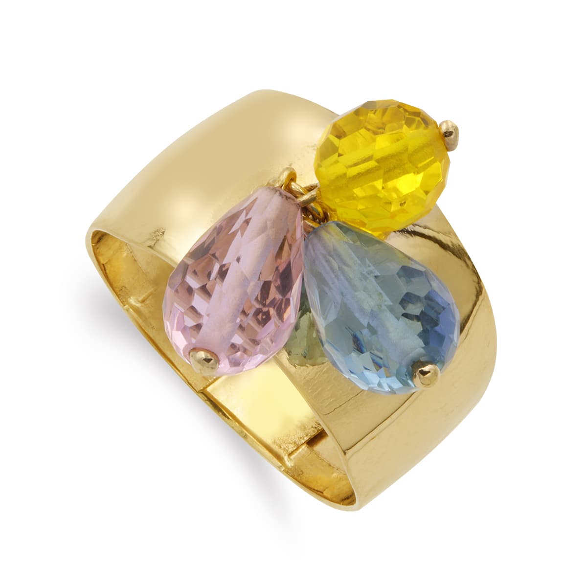 Ring aus 18-karätigem Gelbgold mit drei farbigen Steinen, Breite 11 mm