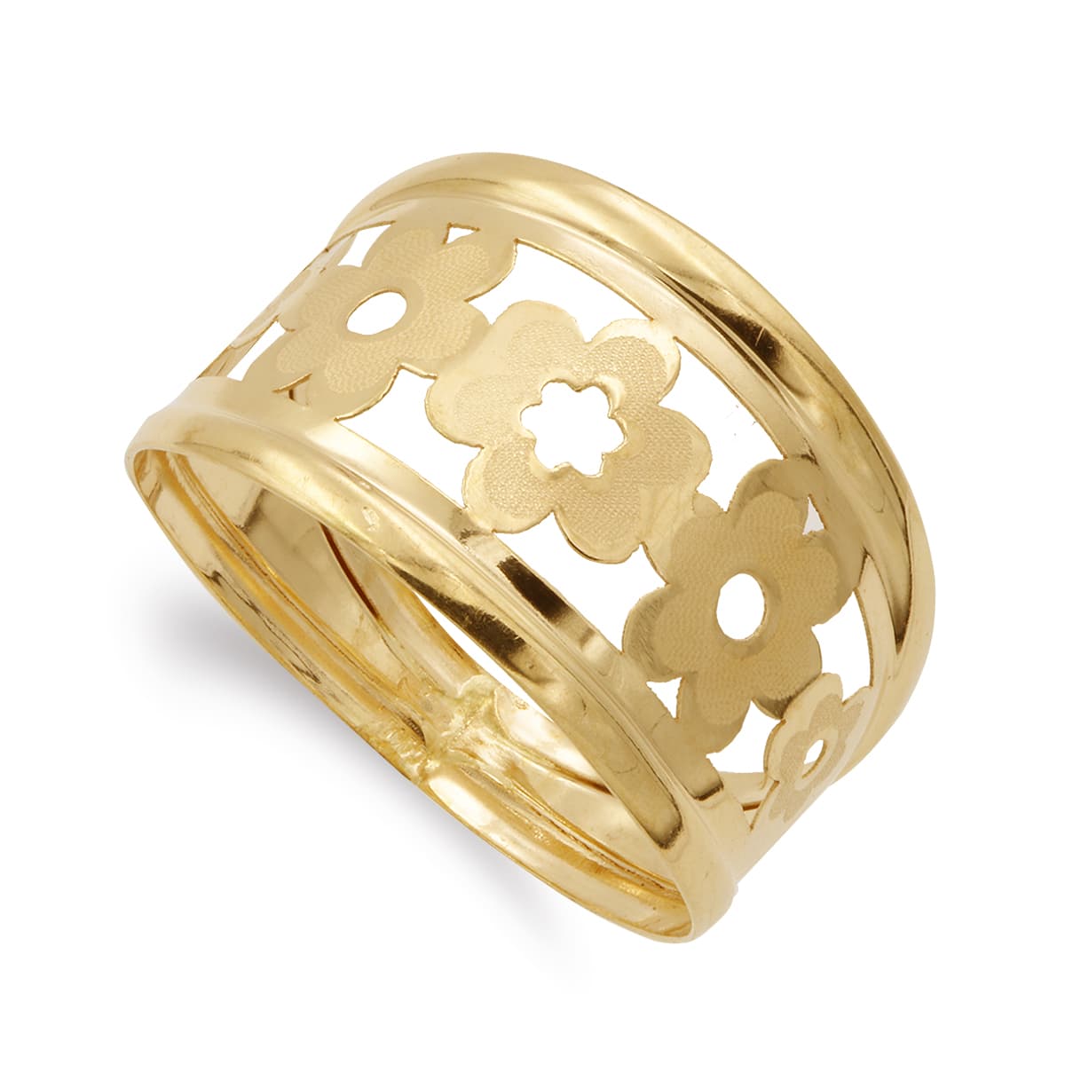 18K Yellow Gold Ring Openwork Flowers Matte and Shiny 14 mm