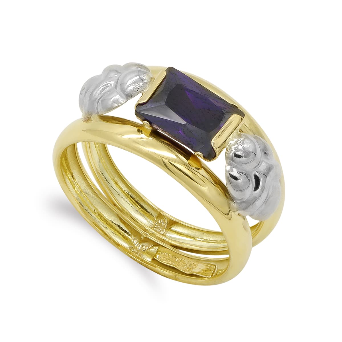 18K tofarget dobbel kroppsring eller ring med mønster og ametyst Zirconia 8X6MM Bredde: 14 mm