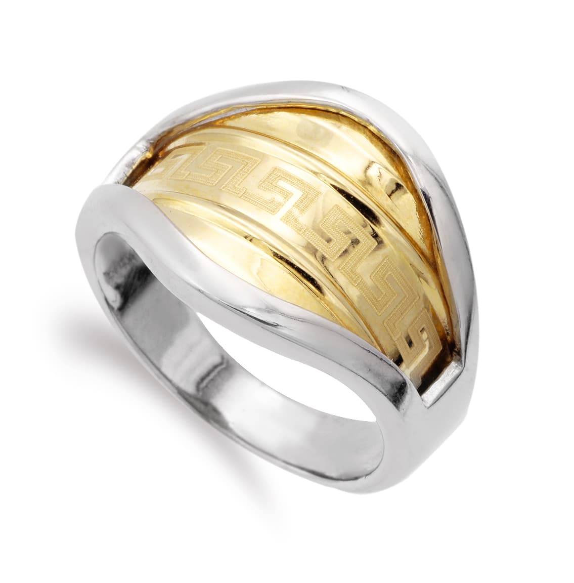 Brillanter zweifarbiger 18-Karat-Goldring mit Greca-Motiv