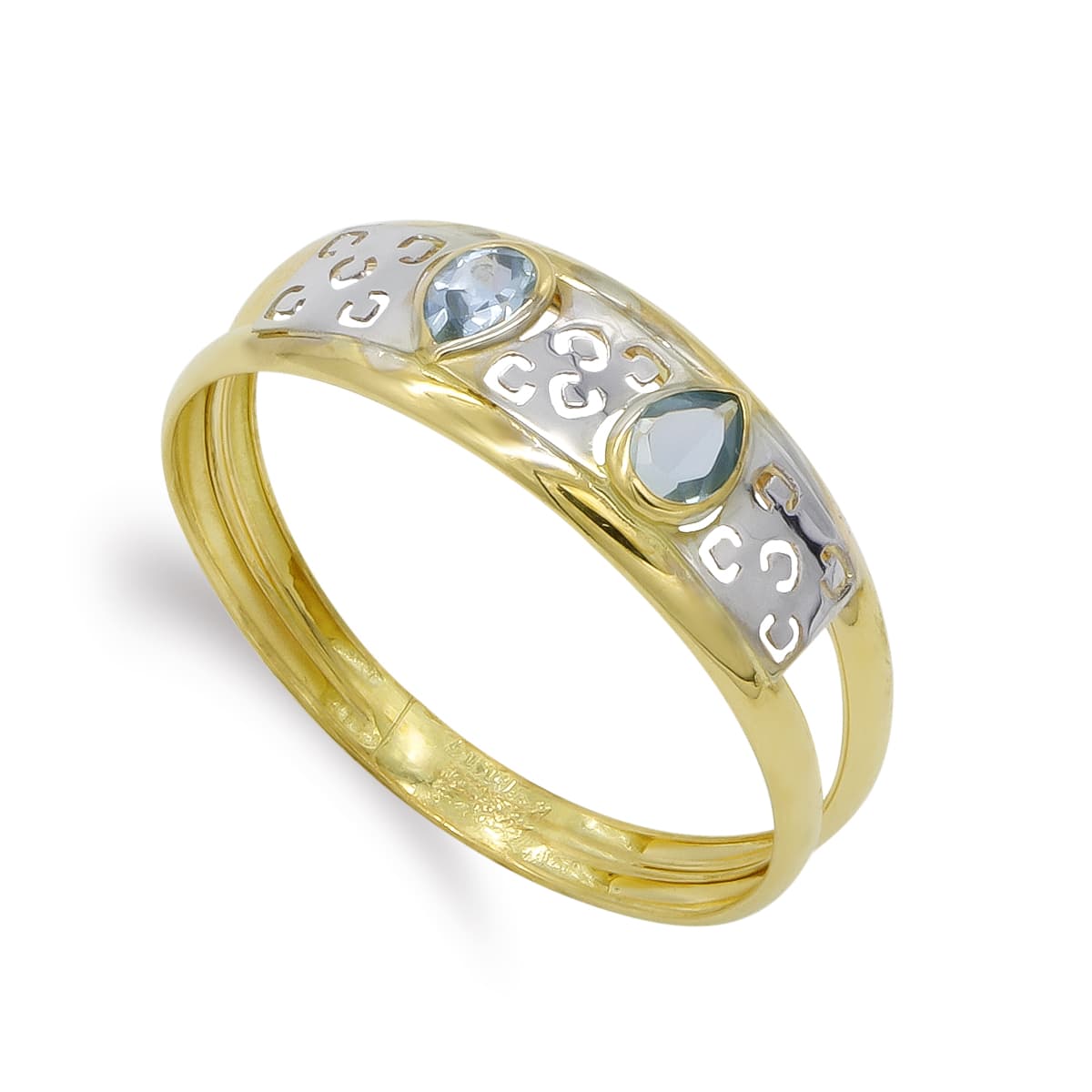 Ring of tweekleurige dubbele body 18K met open motief en aquamarijn zirkoon. Breedte: 7 mm