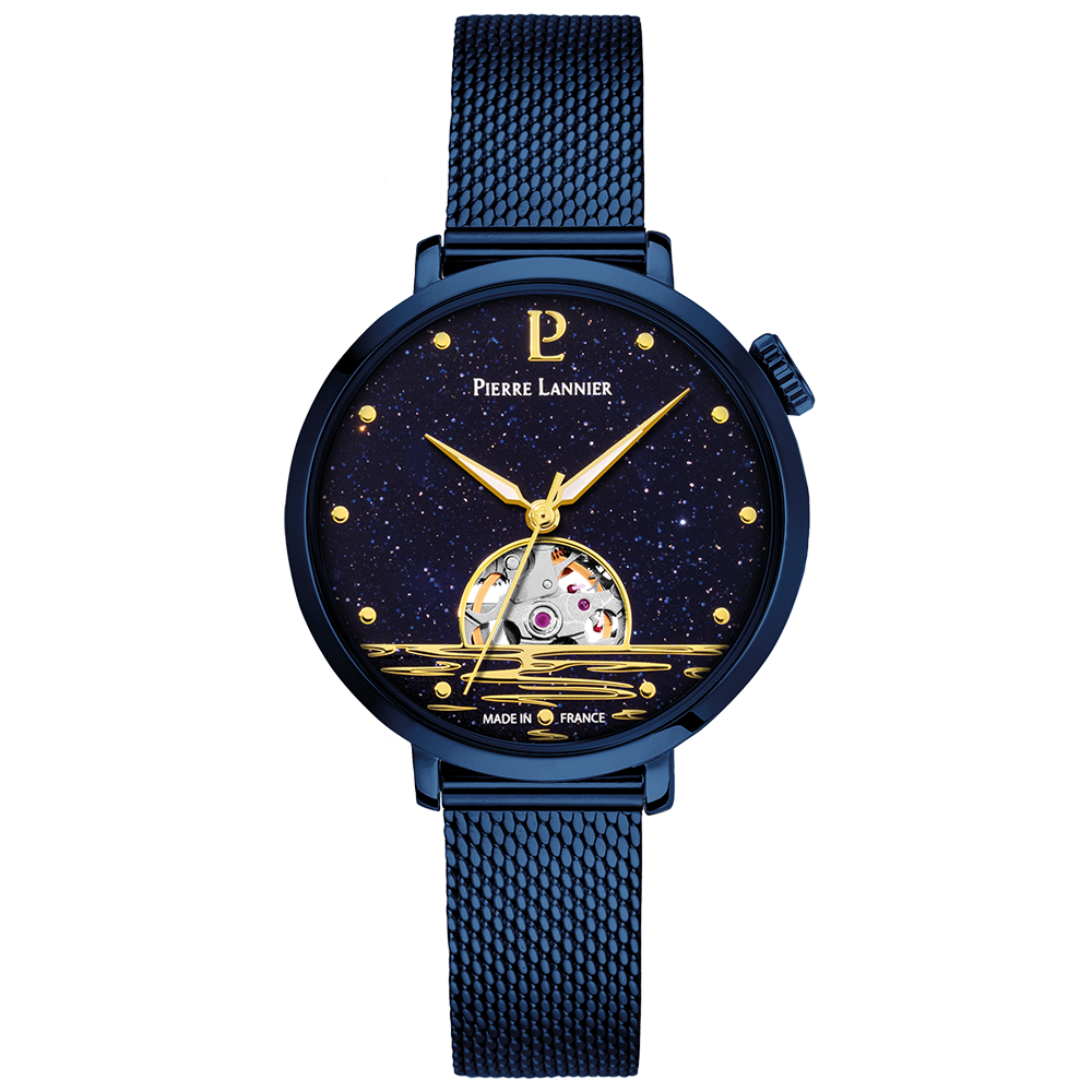 Pierre Lannier AUSTRALE dameshorloge blauwe stalen kast blauwe Milanese stalen band 148H866