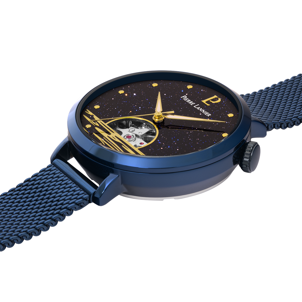 Steenblauwe wijzerplaat, witgouden wijzers, blauwe bezel Pierre Lannier 148H866