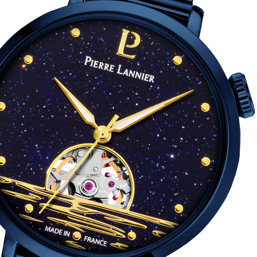Steenblauwe wijzerplaat, witgouden wijzers, blauwe bezel Pierre Lannier 148H866