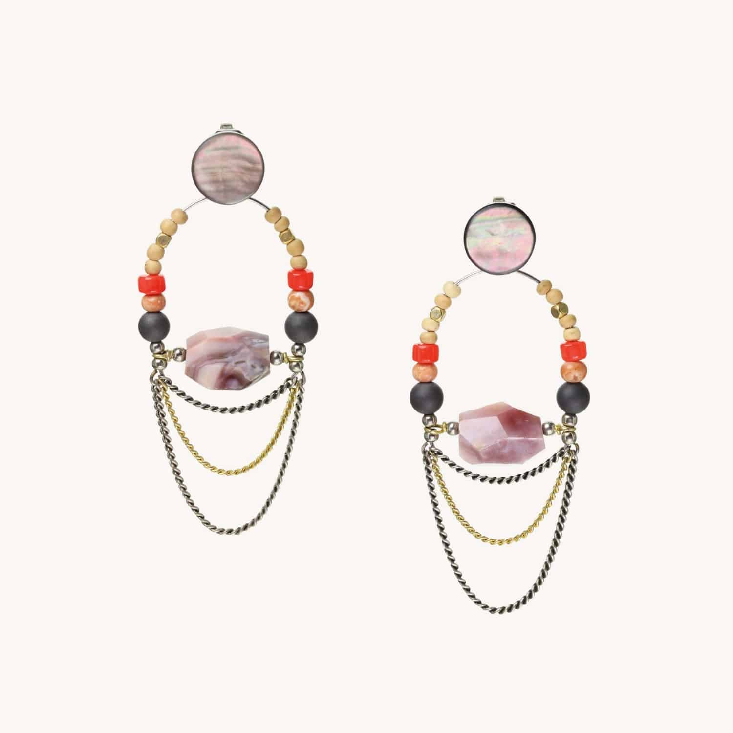 Boucles d'oreilles Moorea 3 chaînes graines et pierres Nature Bijoux 12--25289