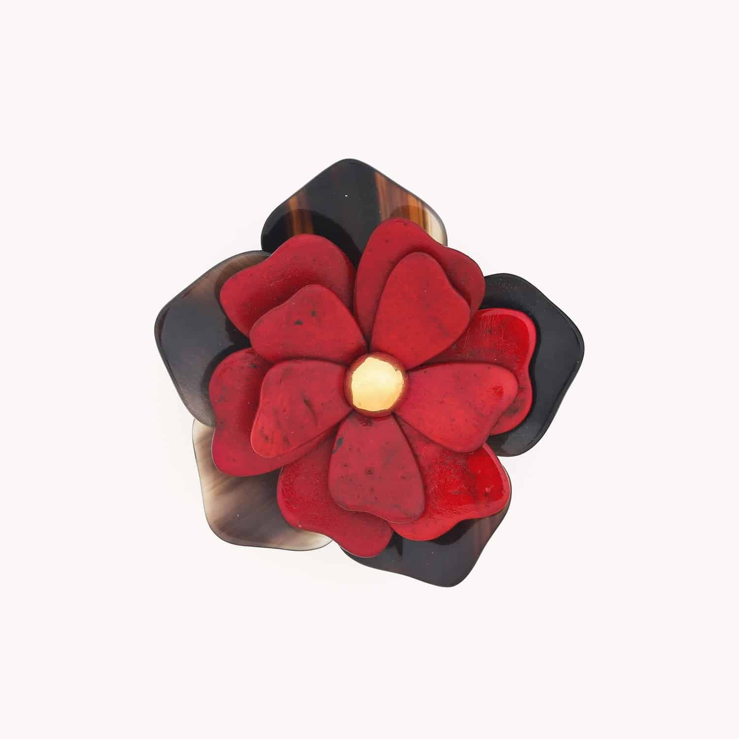 Broche Flora pétales rouges en graines, laiton et résine colorée 10--23904 Nature Bijoux