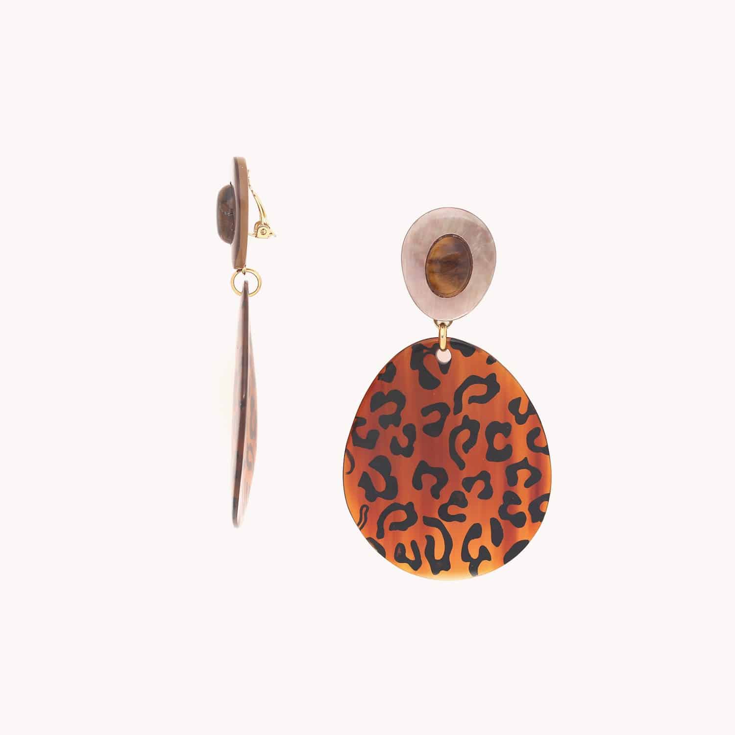 Boucles d'oreilles Jaguar corne nacre brune oeil de tigre 11--90440 Nature Bijoux