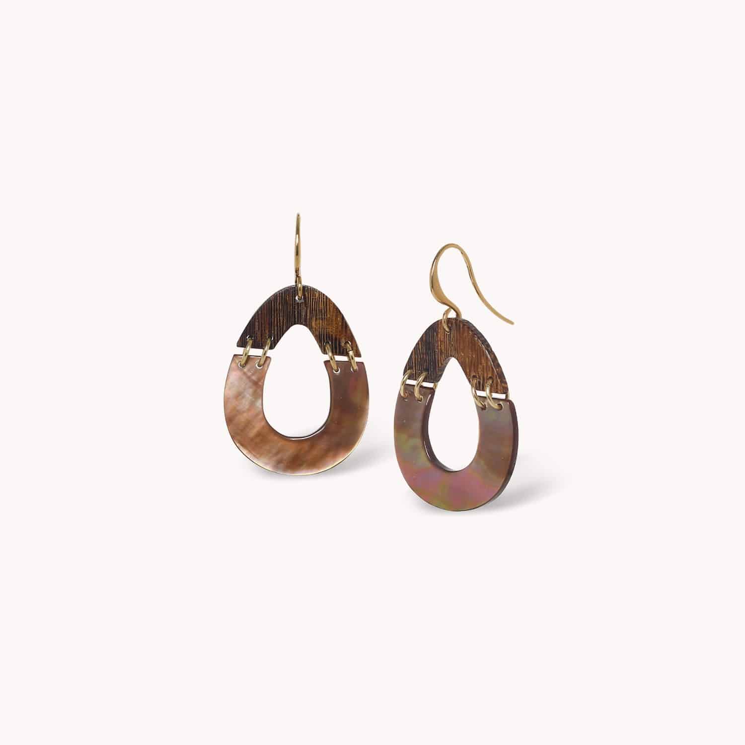 Boucles d'oreilles Double Drop nacre brune bois de roblès 12--90772 Nature Bijoux