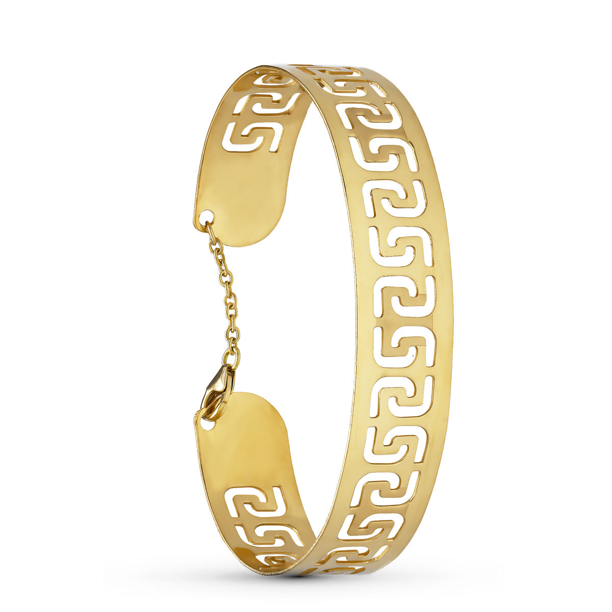 Bracelet Ouverture Laser Or Jaune 18K Mesure Intérieure 65X50 mm Largeur Totale 14 mm Fermoir Loabiner avec Chaîne