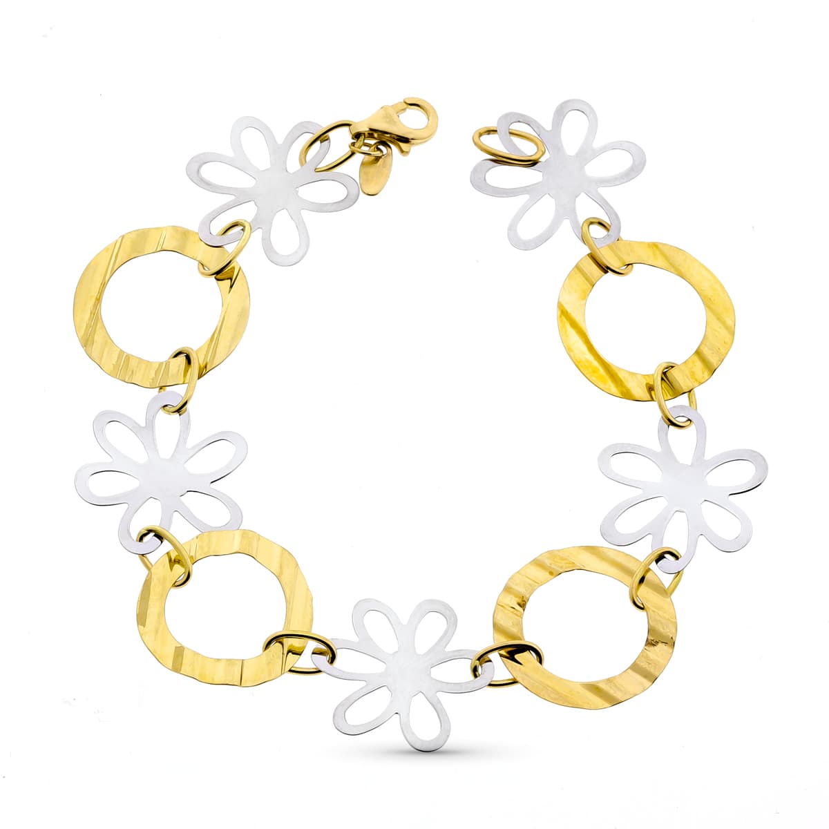 Pulseira em ouro bicolor 18K flores 18,5 cm
