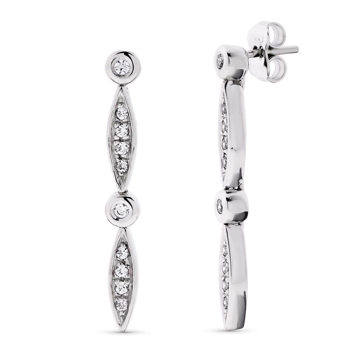 Pendientes Oro Blanco 18K y Circonitas Cierre Mariposa 30X4 mm