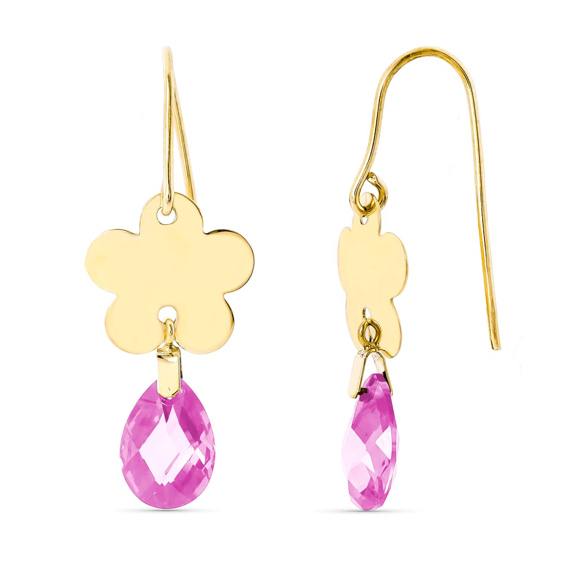 18K gult guld blomörhängen rosa sten 10 x 7 mm