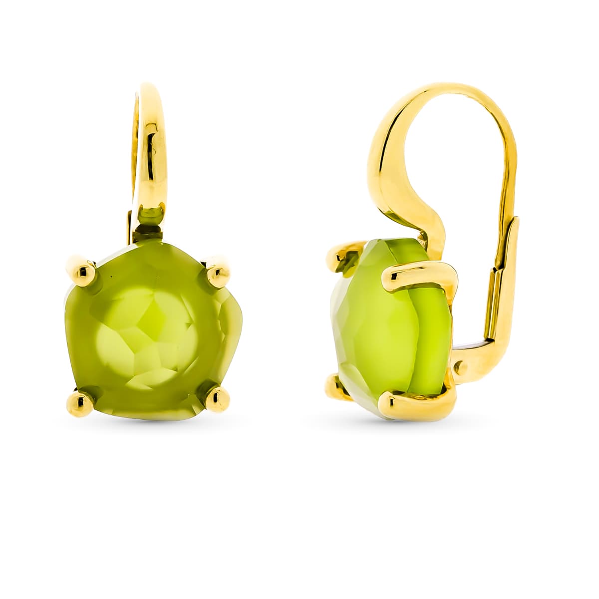 18K Boucles d'oreilles Or Jaune Pierre Verte 12 mm Fermoir Catalan
