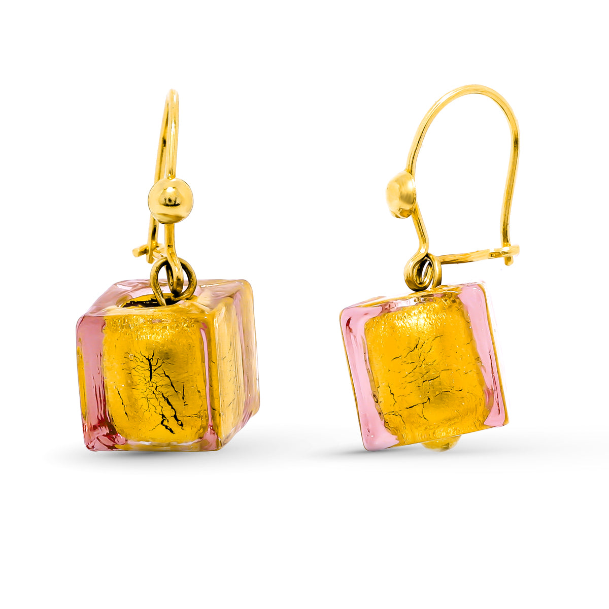 Murano Cube øreringe 18K gul guld 26X10 mm Butterfly klapvogn lås