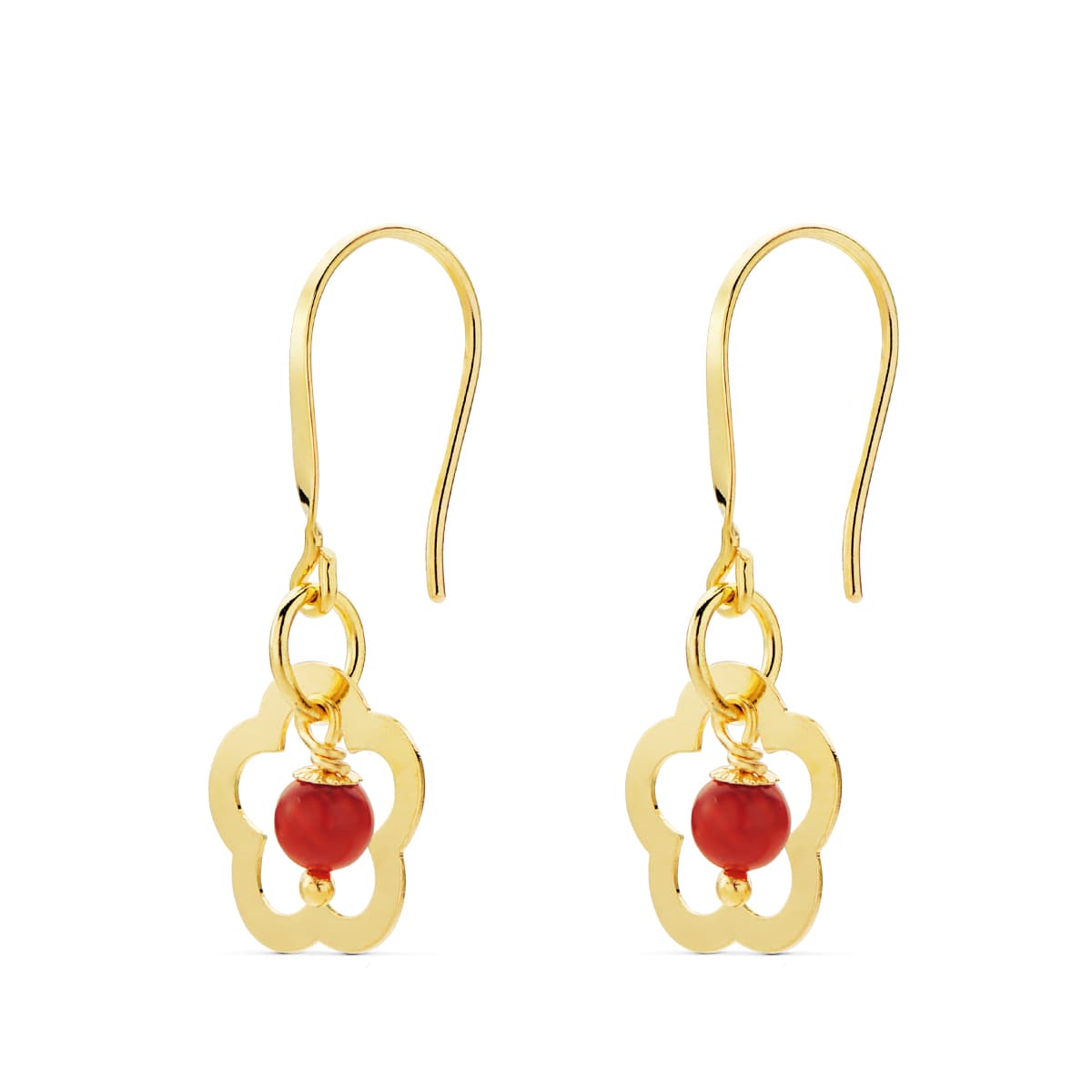 Boucles d'oreilles Or Jaune 18K Fleur avec Corail Taille : 28 X 12 mm Fermeture à Crochet