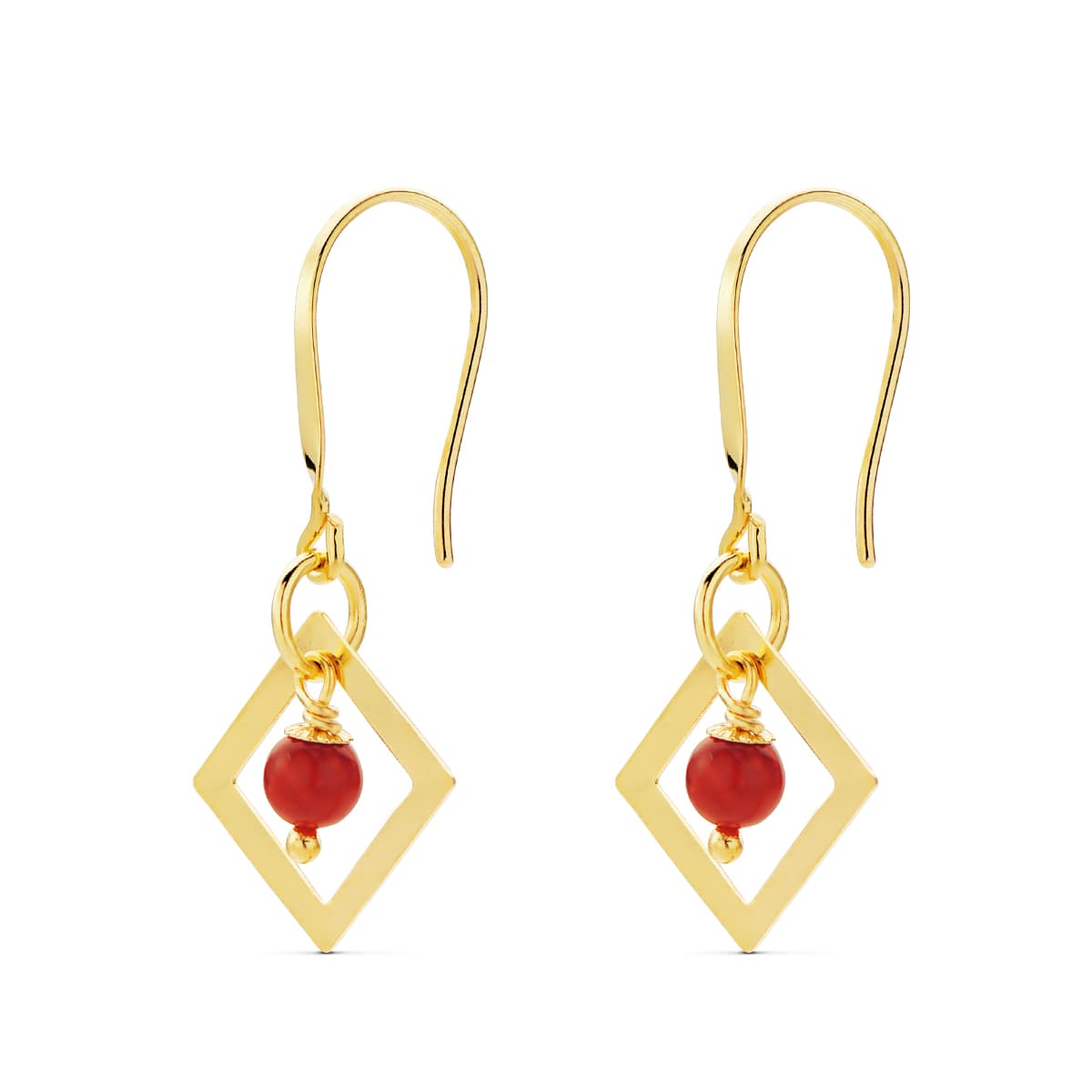 Pendientes Cuadrados en Oro Amarillo de 18K con Coral Tamaño: 30 x 14 mm Cierre de Gancho