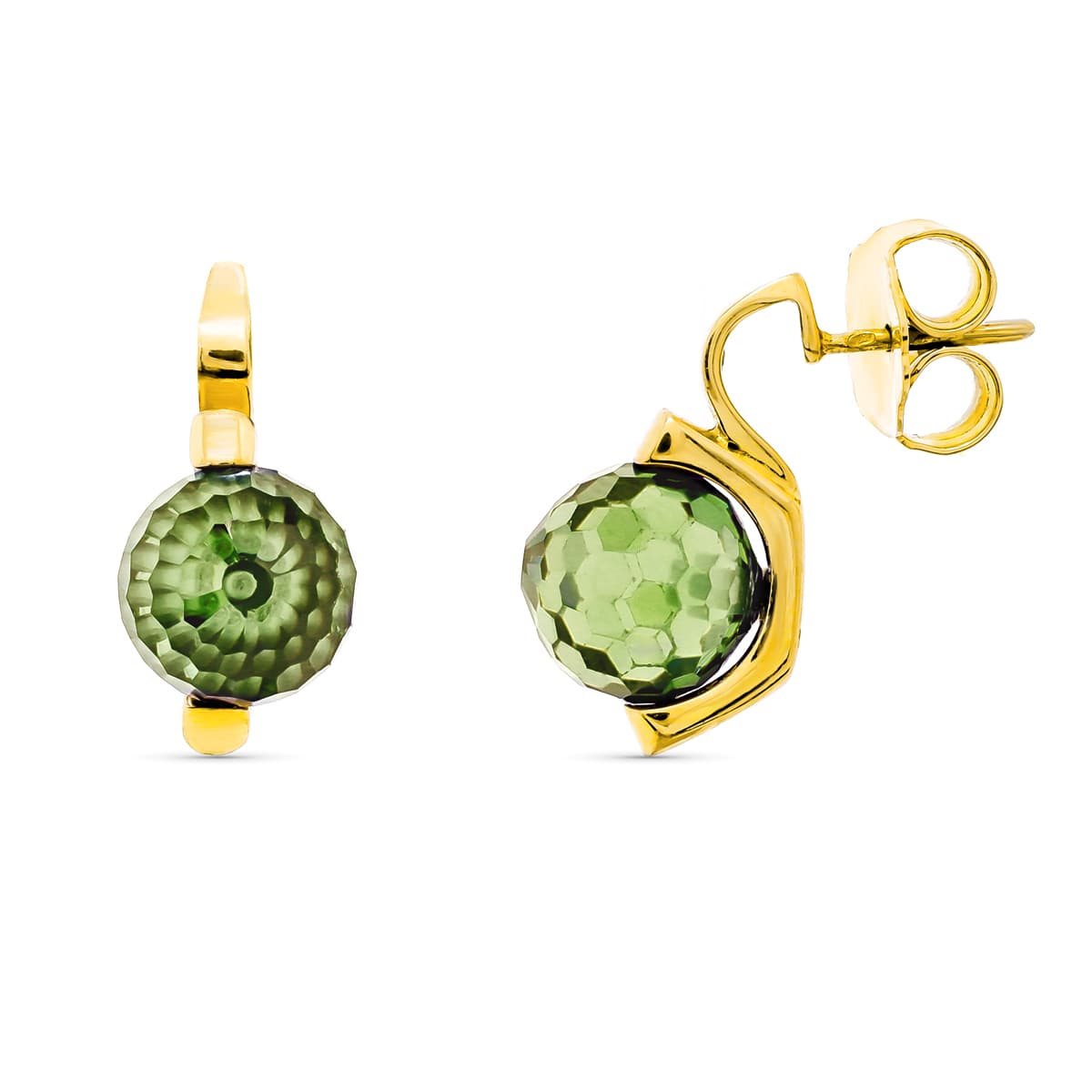 18K Boucles d'oreilles Or Jaune Pierre Verte 10 mm Fermoir Poussettes Papillon