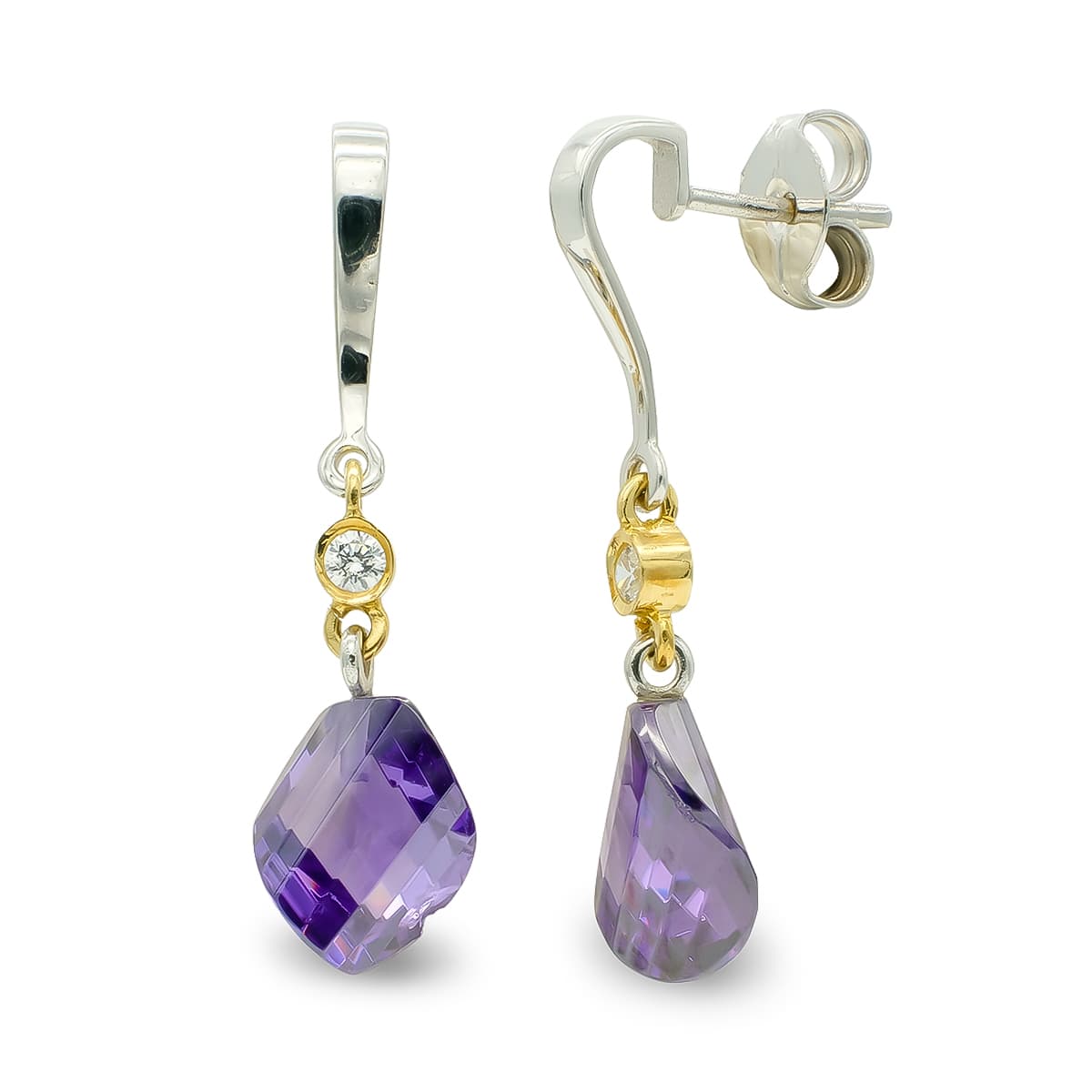 Brincos em ouro bicolor 18K ametista com fecho borboleta de zircônia de 11 mm