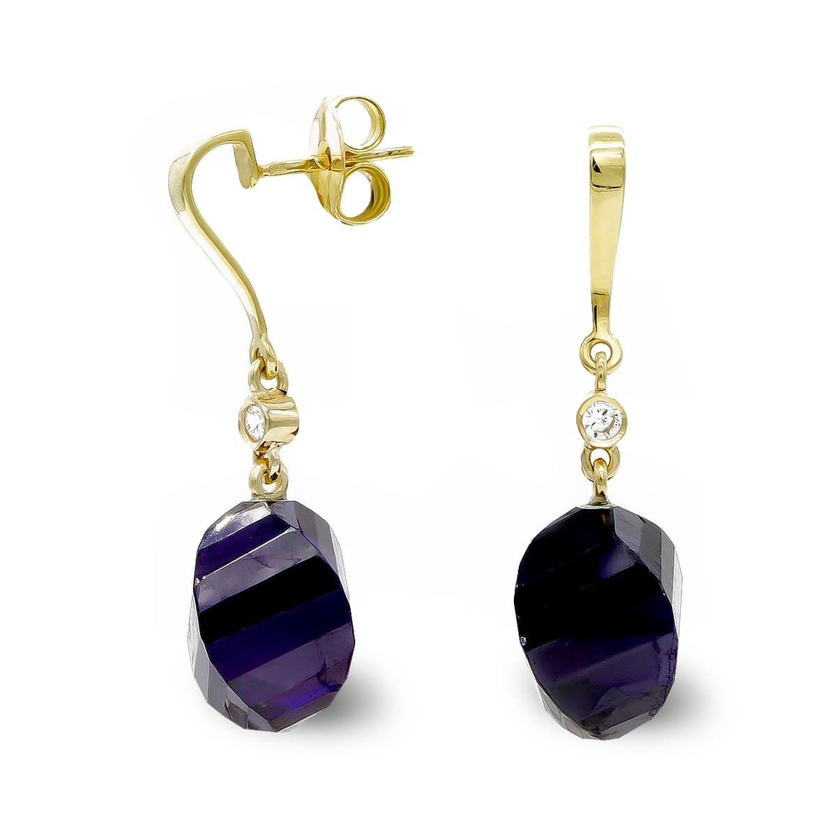 Boucles d'oreilles Or Jaune 18K Pierre Améthyste 14 mm Zircone Cubique Fermoir Poussettes Papillon