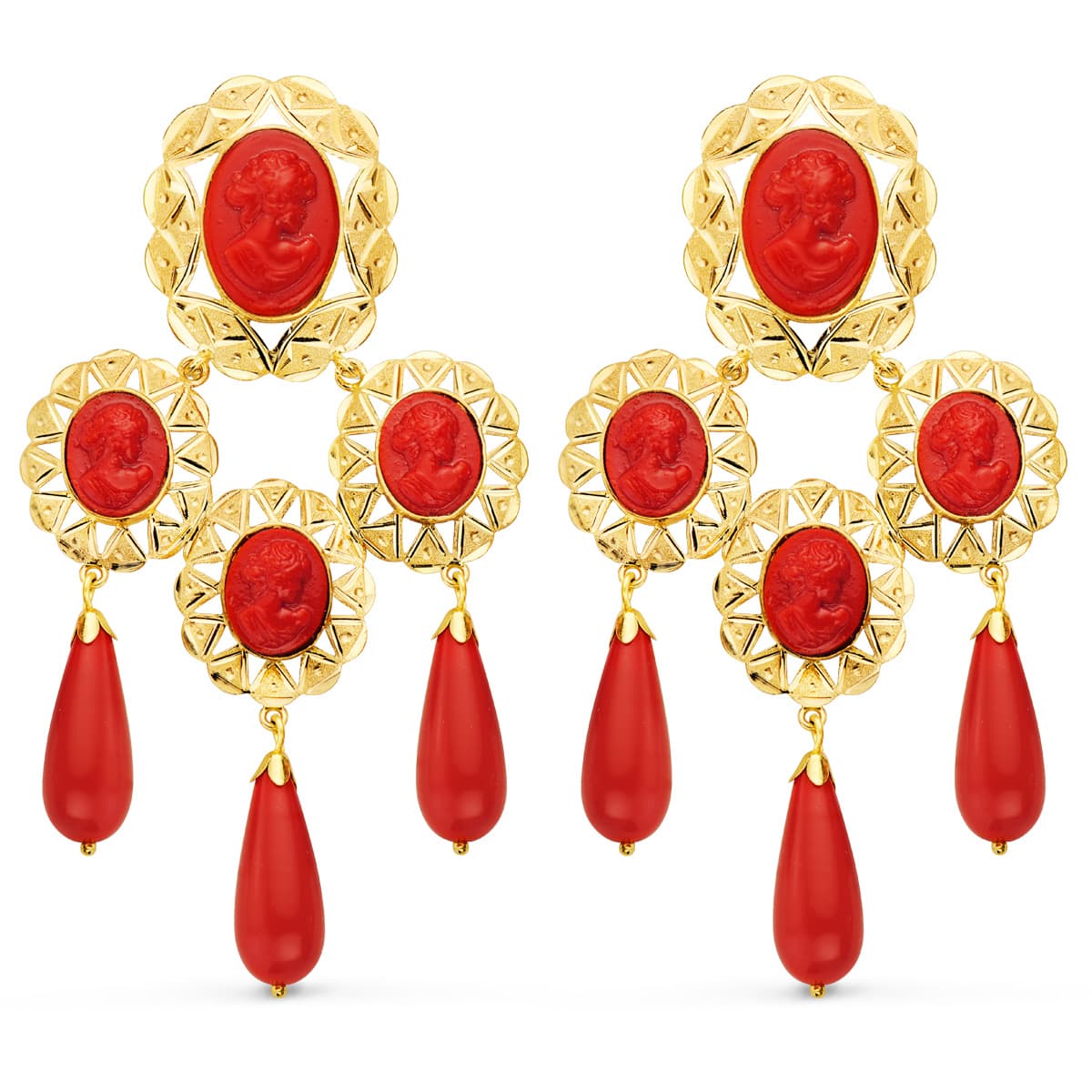 18K Boucles d'oreilles Or Jaune Camée et Corail 70 X 38 mm