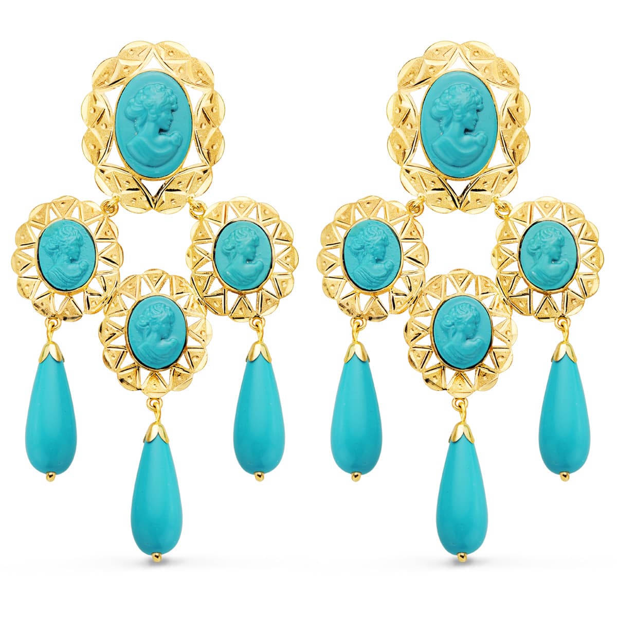 Brincos Camafeu e Turquesa em Ouro Amarelo 18K 70X38 mm
