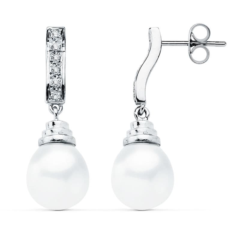 18K Boucles d'oreilles Perle en Or Blanc Fermoir Poussette Papillon